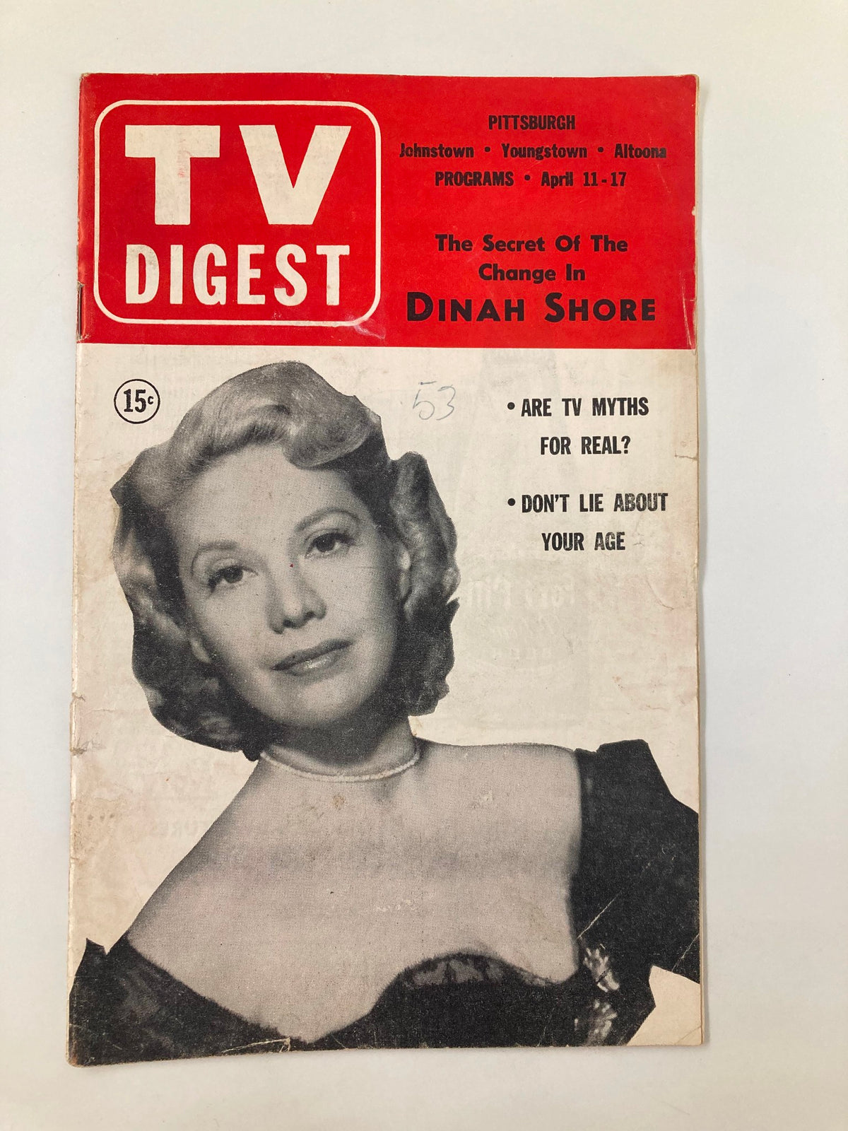 Cover of TV Digest Magazine April 11 1953 featuring Dinah Shore, showcasing vintage design and mid-century aesthetics.
