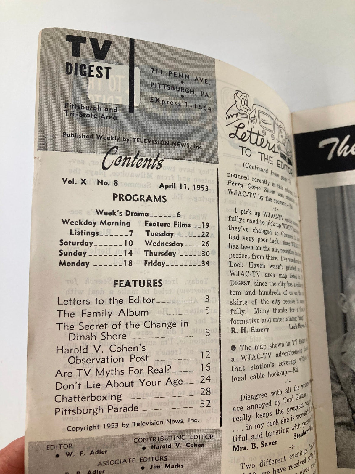 Inside page of TV Digest Magazine April 11 1953, detailing contents and features related to television shows, including Dinah Shore.