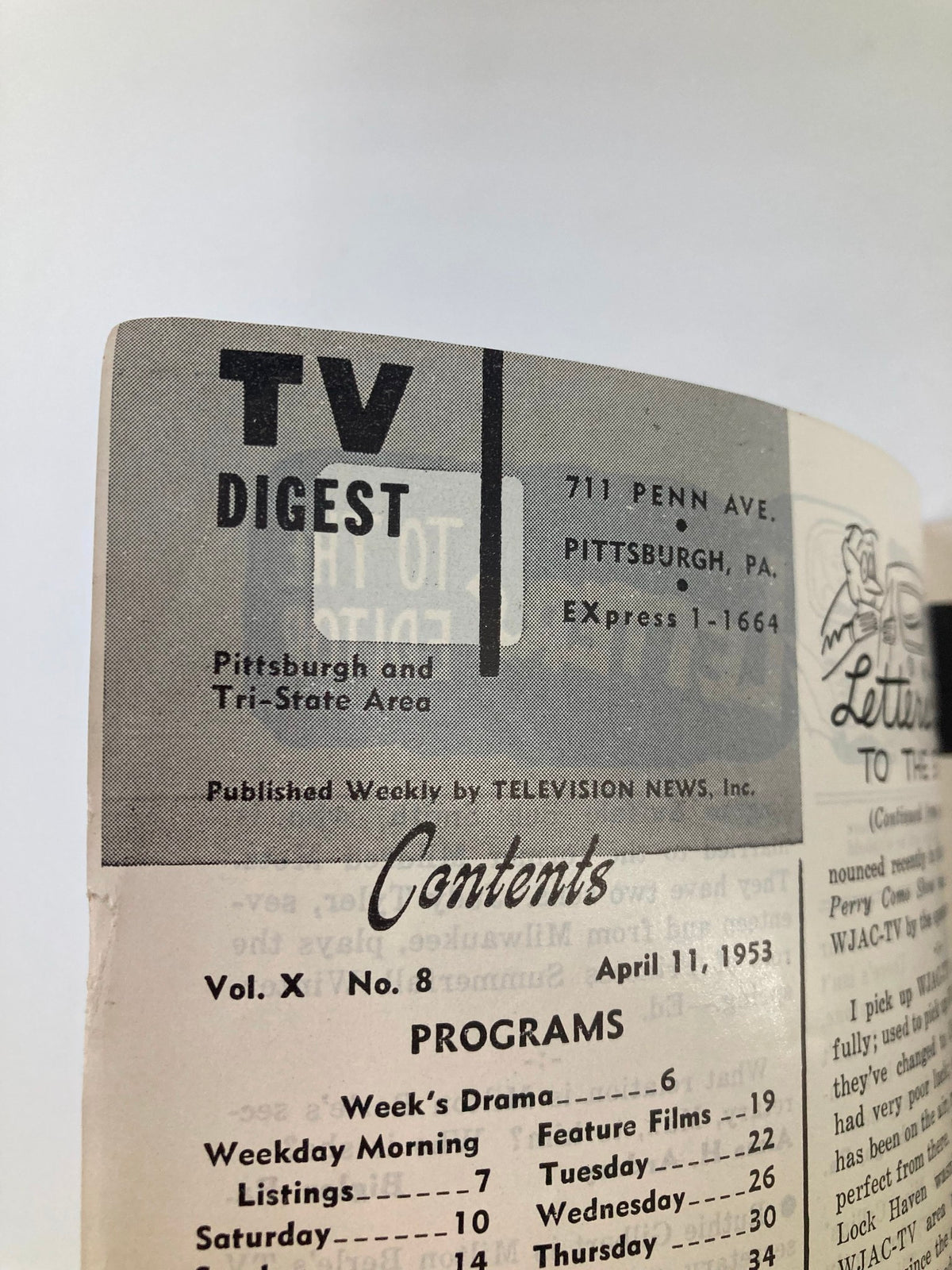 Another view of the inside page of TV Digest Magazine April 11 1953, displaying program listings and feature articles.