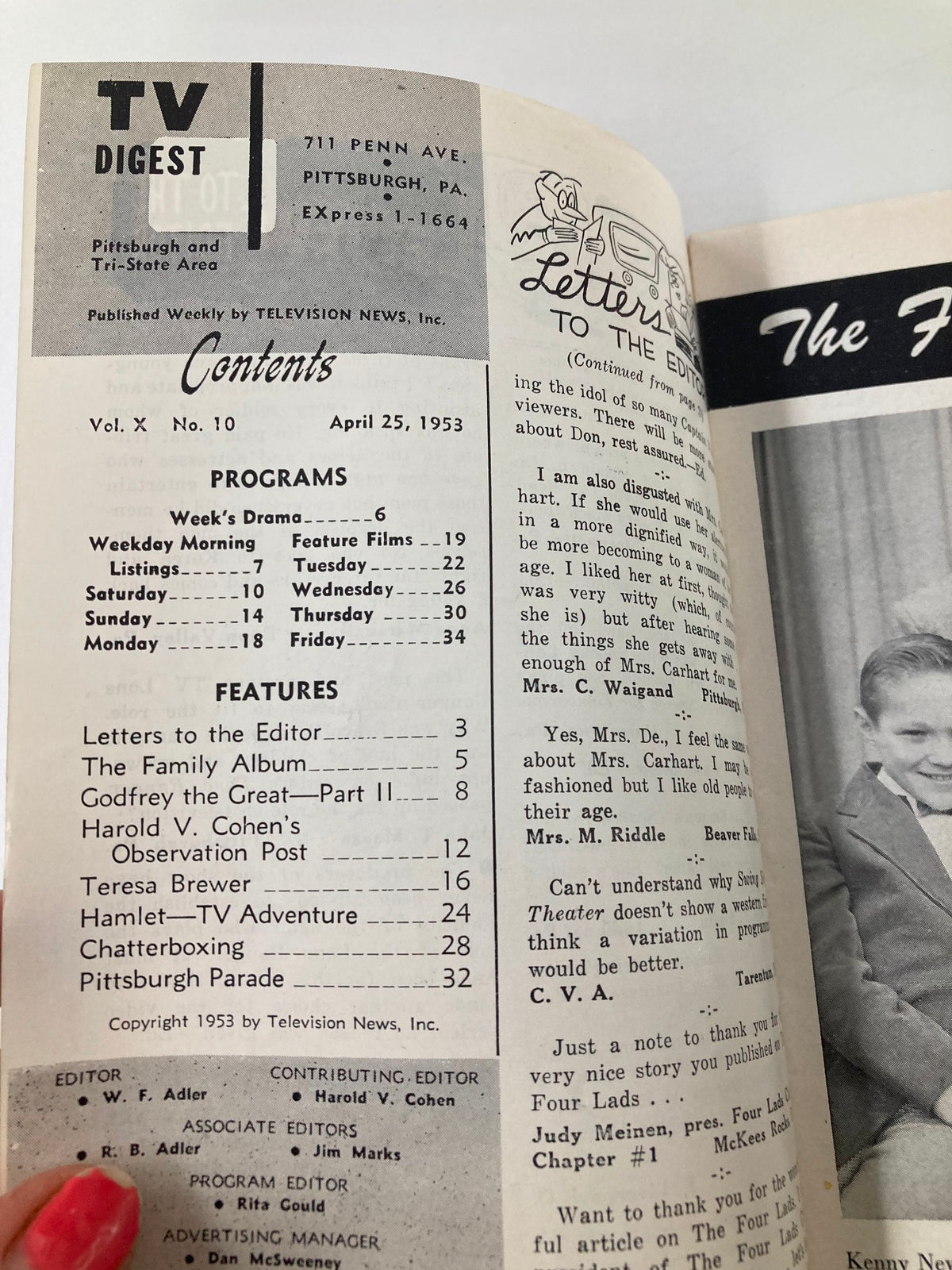 Inside content page of the TV Digest Magazine from April 25, 1953, listing features and programs, including an article on Teresa Brewer.