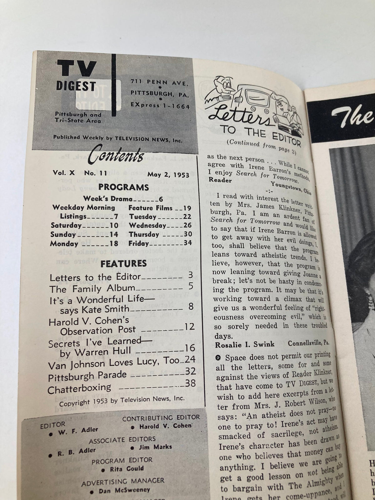 Inside page of TV Digest Magazine May 2, 1953 detailing program listings and features, a nostalgic glimpse into 1950s television culture.