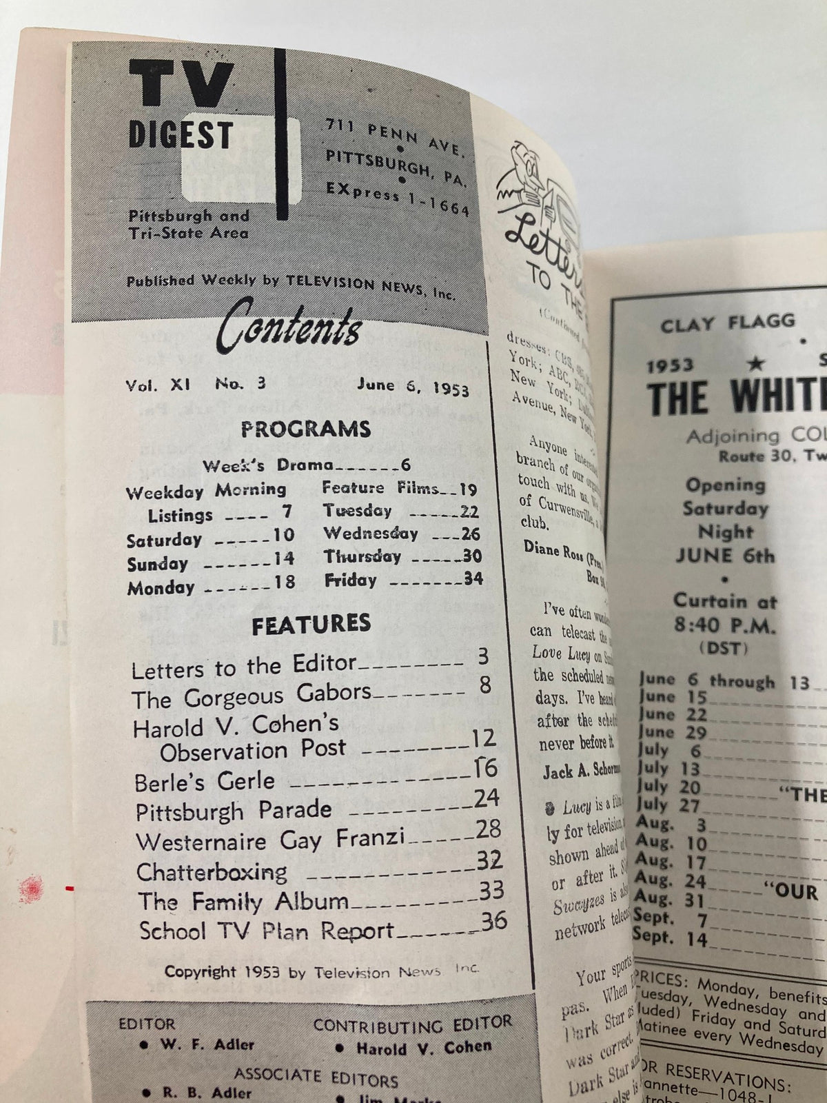 Contents page of TV Digest Magazine June 6, 1953 showing program listings and features including 'The Gorgeous Gabors' and other television-related content.