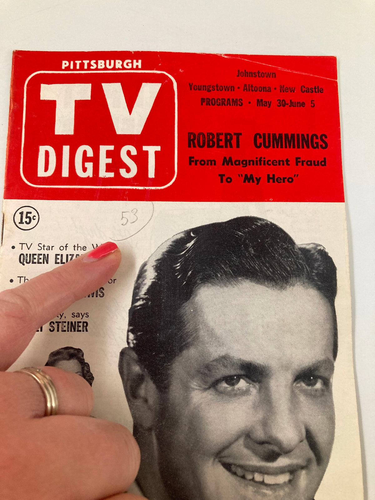Close-up of the TV Digest Magazine cover from May 30, 1953 showing Robert Cummings, focusing on details like the 'TV Star of the Week' and magazine price.