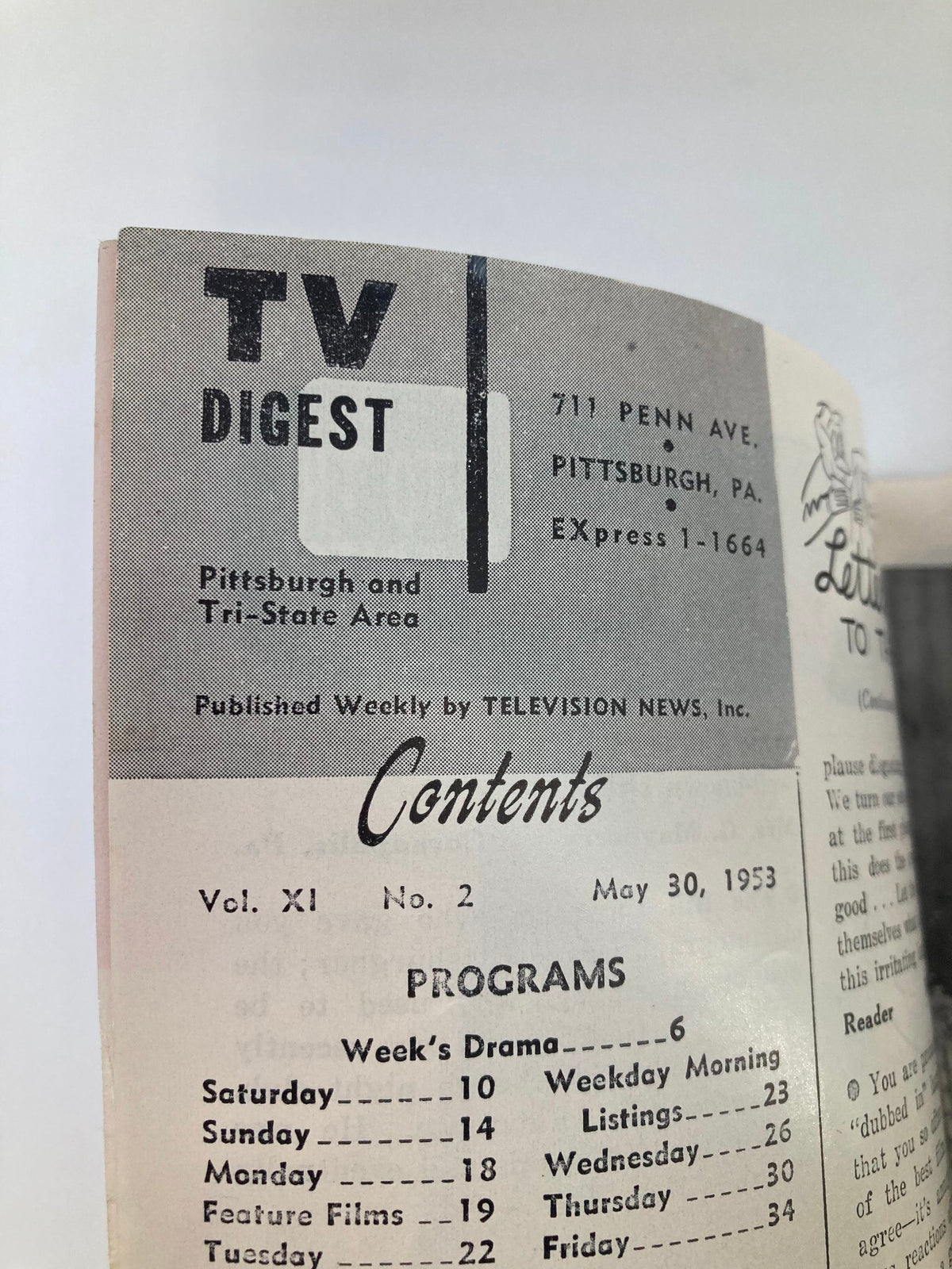 Inside page of TV Digest Magazine May 30 1953, displaying the table of contents and program listings for the Pittsburgh and Tri-State area.