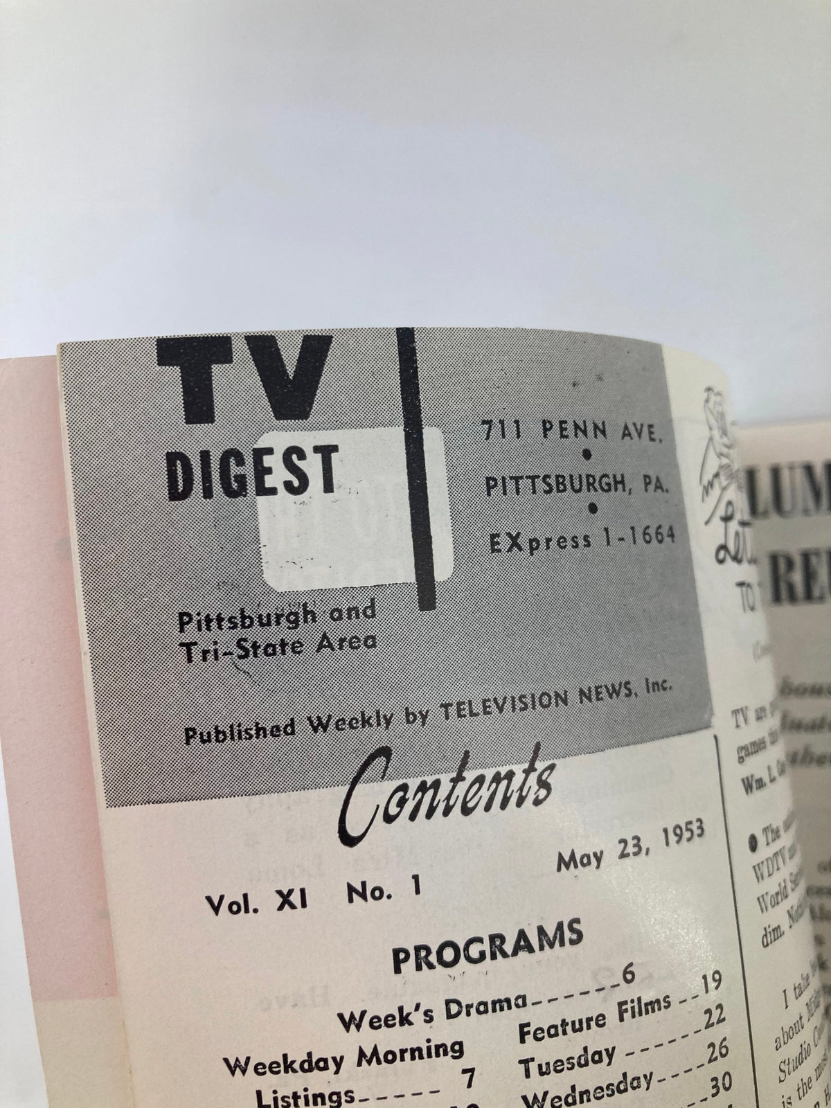 Contents page of the TV Digest Magazine May 23 1953 featuring publication details and programming listings for the Pittsburgh and Tri-State Area.