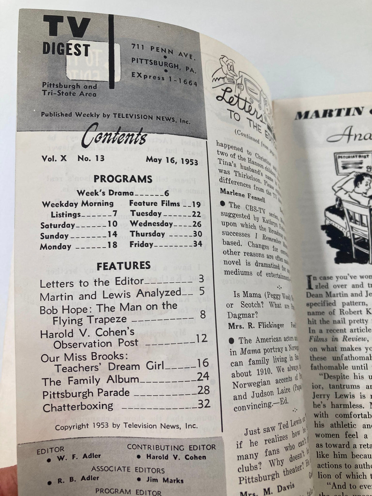 Interior page of the TV Digest Magazine May 16, 1953, featuring the table of contents and articles including Bob Hope: The Man on the Flying Trapeze, showcasing its cultural significance in American television history.