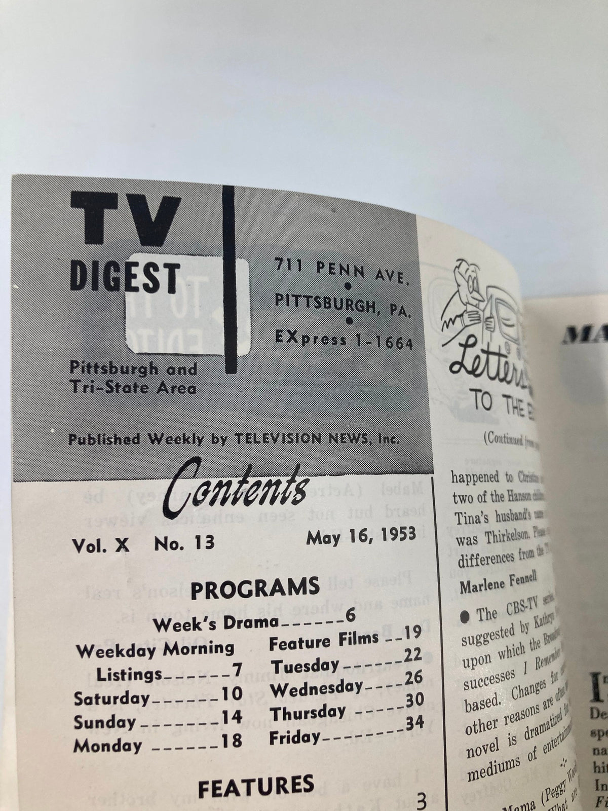 Another view of the contents section from the TV Digest Magazine May 16, 1953, highlighting programs and features, reflecting early television trends and entertainment of the post-war era.