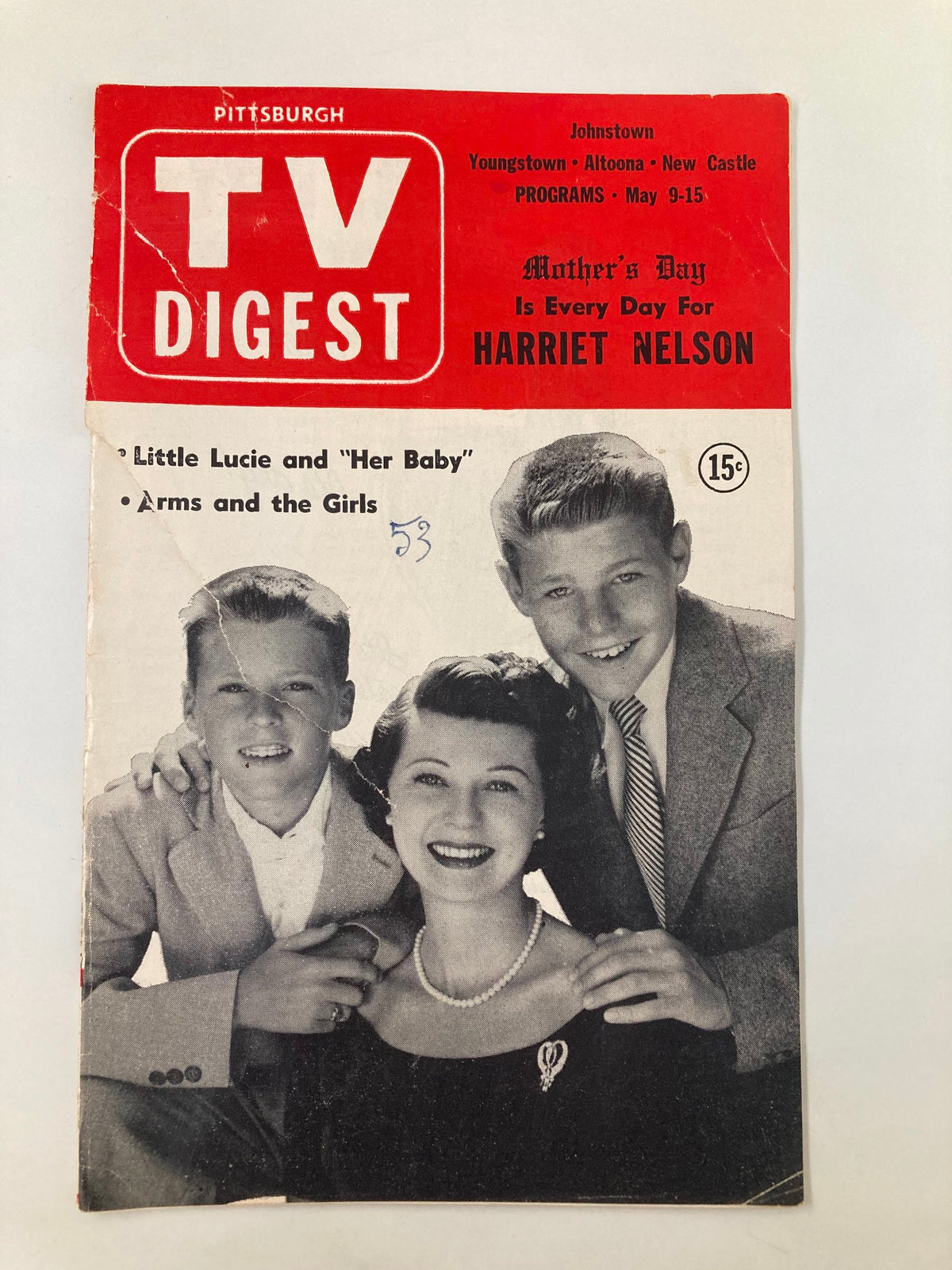 Cover of TV Digest Magazine May 9, 1953 featuring Harriet Nelson with two children, celebrating Mother's Day and showcasing vintage television history.