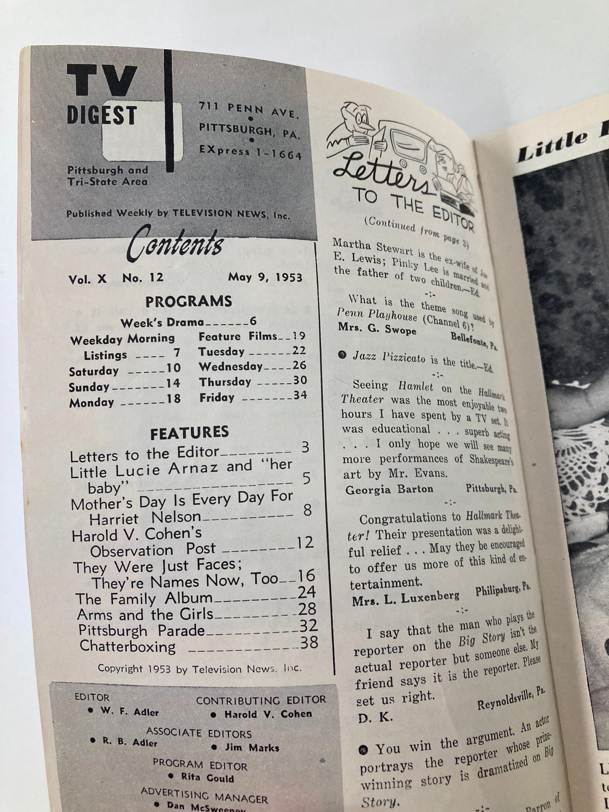 Contents page of TV Digest Magazine, May 9, 1953 edition, listing features and programs including coverage of Harriet Nelson.