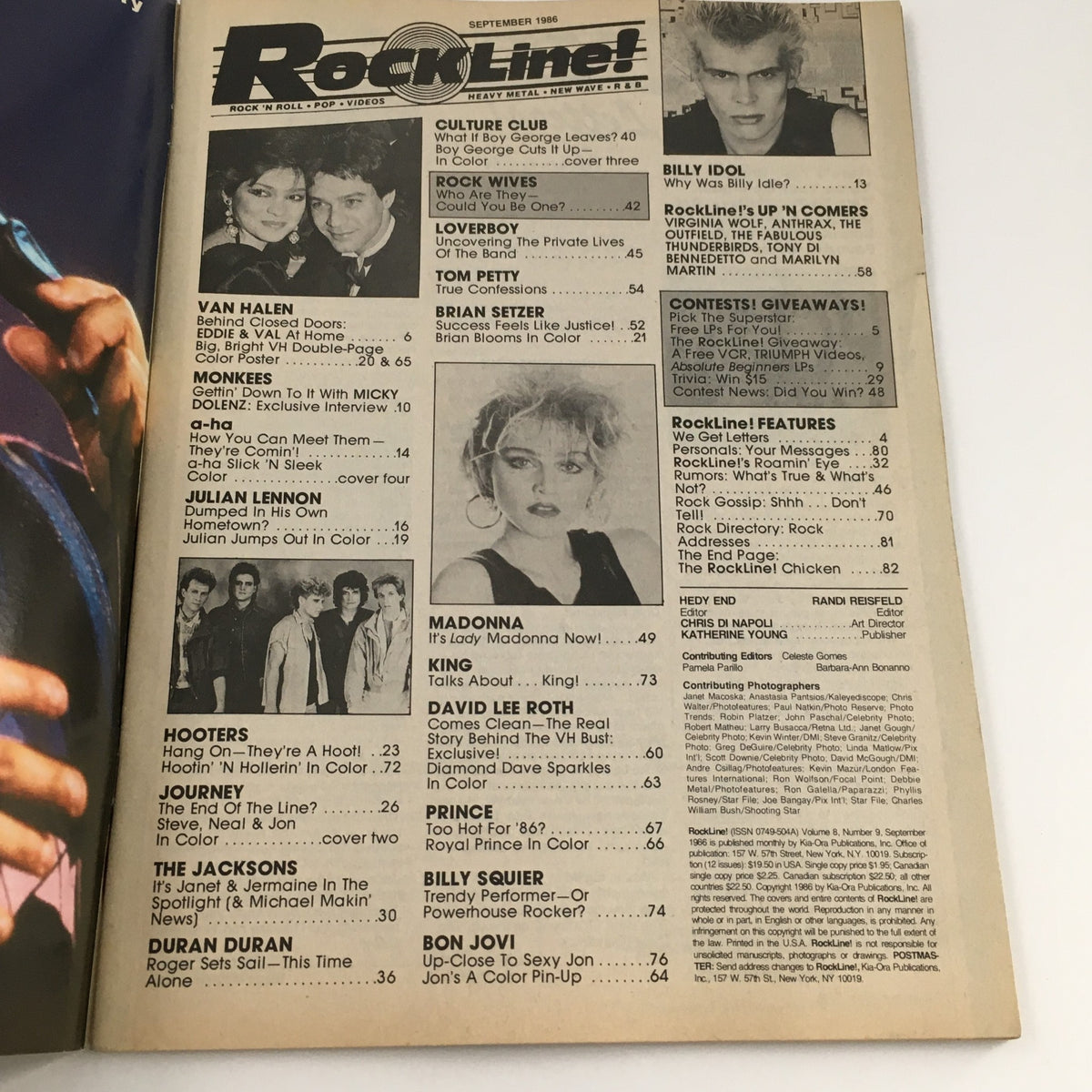 Inside page of 16 Magazine Rockline! September 1986, listing features including articles on Van Halen, Madonna, and Billy Idol.