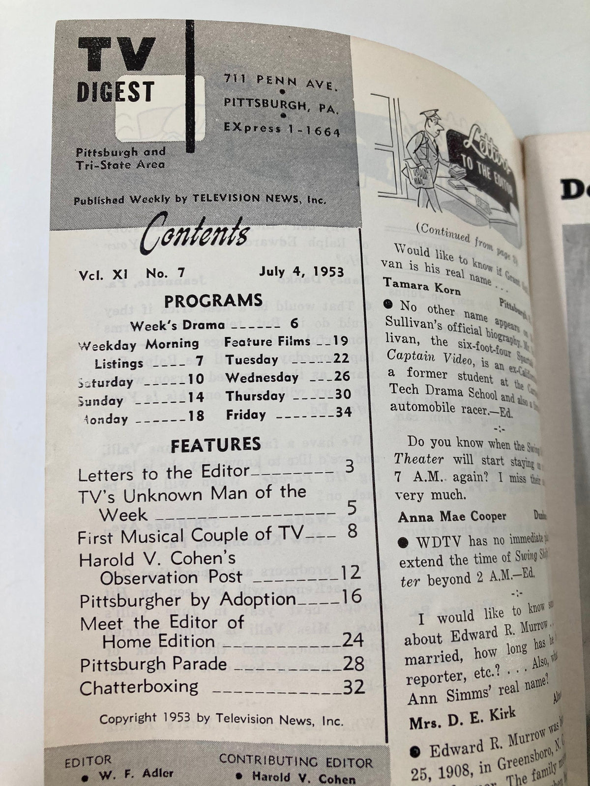TV Digest Magazine July 4 1953 Contents Page showcasing various television programs and features, Pittsburgh/Tri-State Area Edition.
