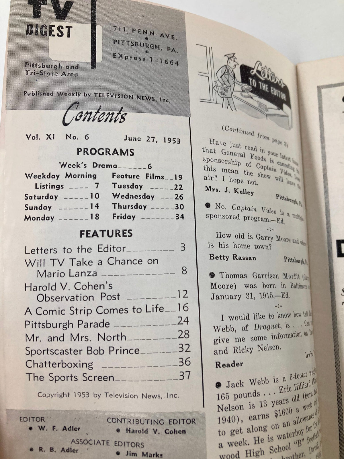 Interior page of the TV Digest Magazine June 27, 1953 displaying the table of contents. Includes listings and features about popular shows and articles related to entertainment during that era.