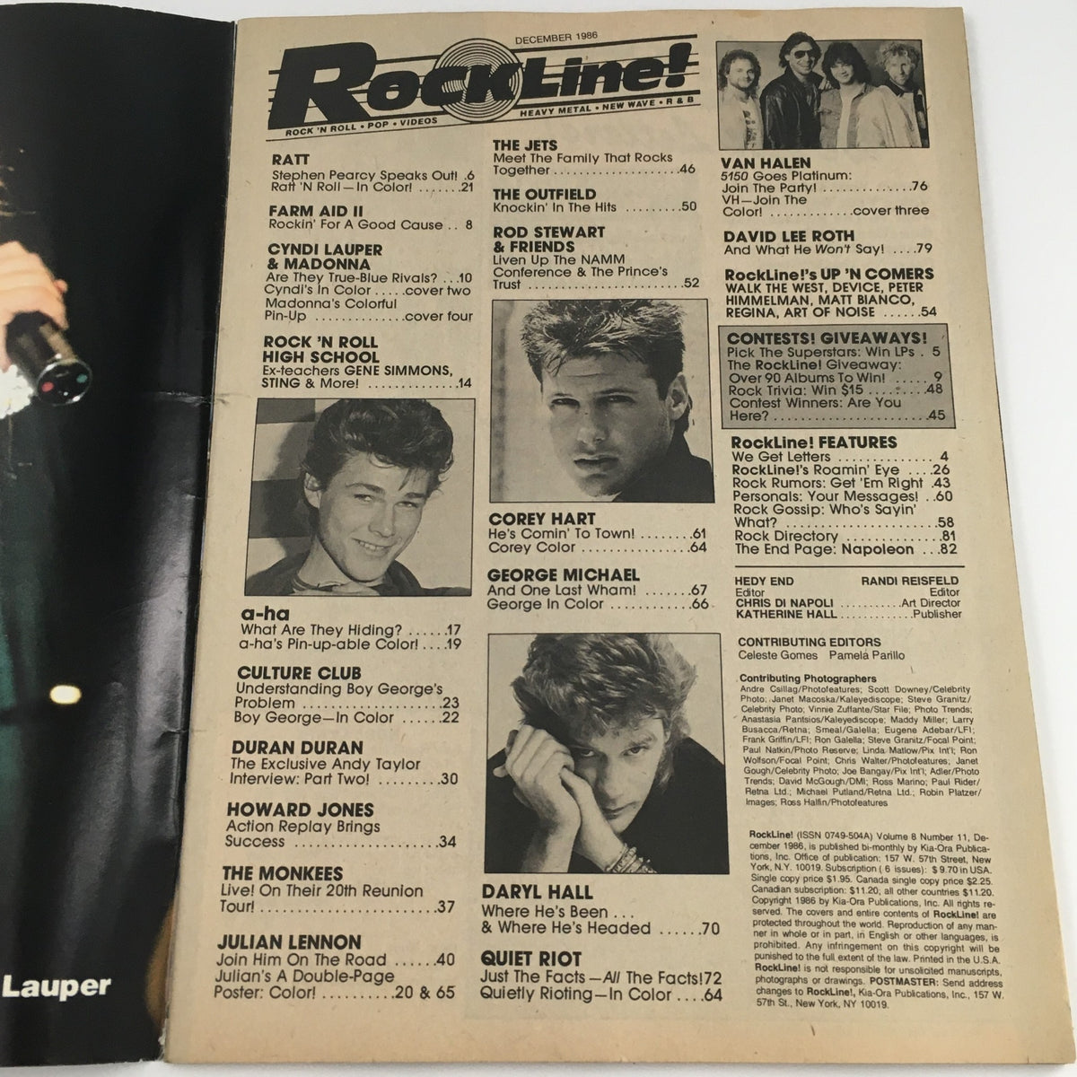 Corey Hart featured in the 16 Magazine Rockline! December 1986 issue, reflecting the popular music landscape of the 80s. The image highlights his classic 80s look.