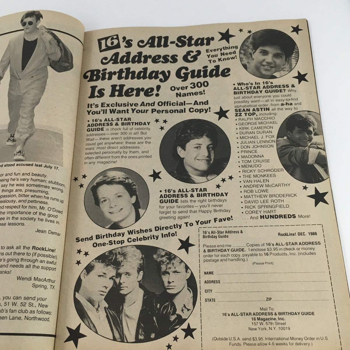 Vintage image from 16 Magazine Rockline! December 1986 featuring the All-Star Address and Birthday Guide with notable names, including A-Ha! and Corey Hart. This page highlights celebrity birthday information and showcases iconic 80s pop culture.