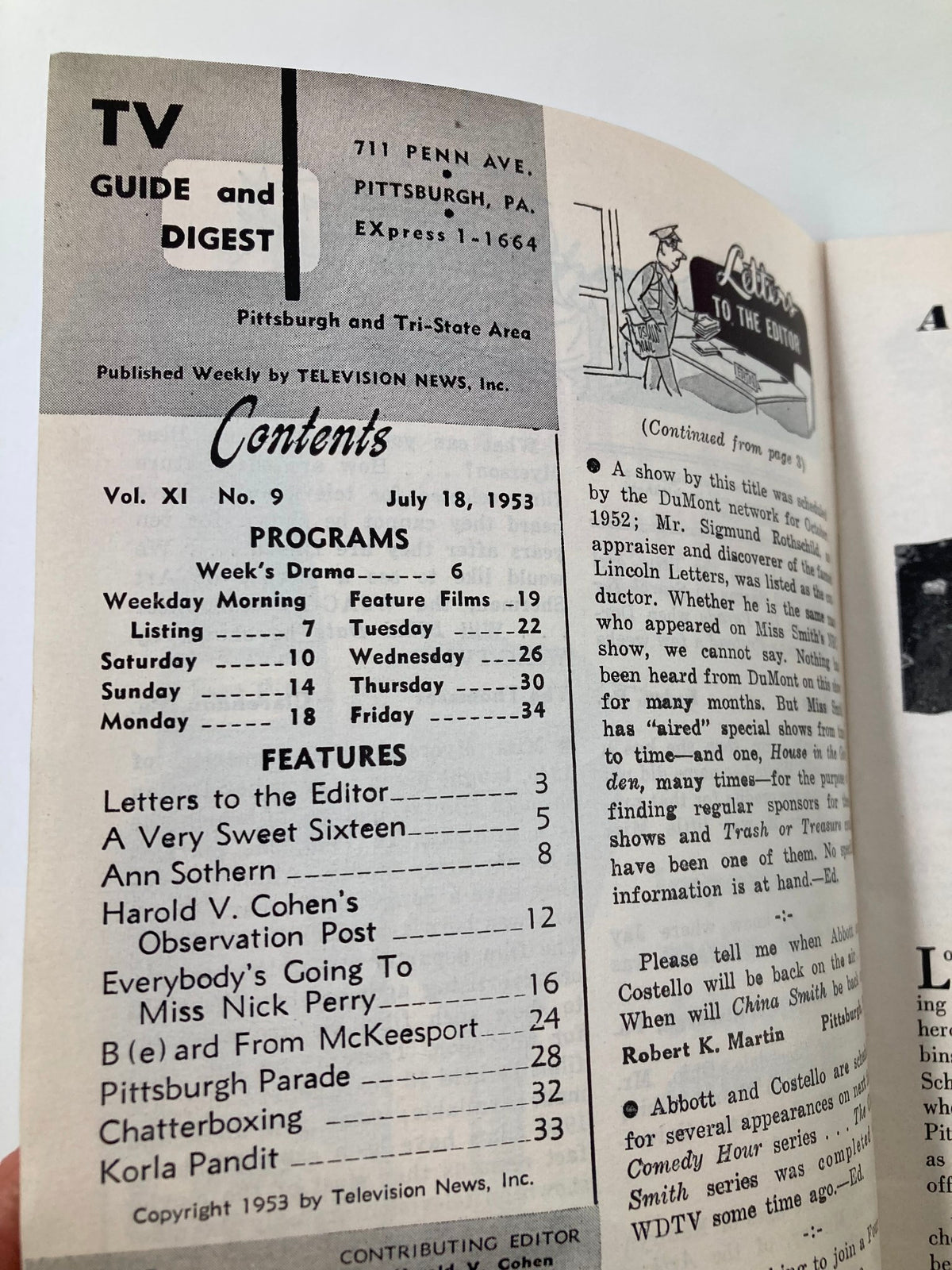 TV Digest Magazine July 18 1953 Ann Sothern Pittsburgh/Tri-State Edition featuring the contents page showcasing program listings and articles.