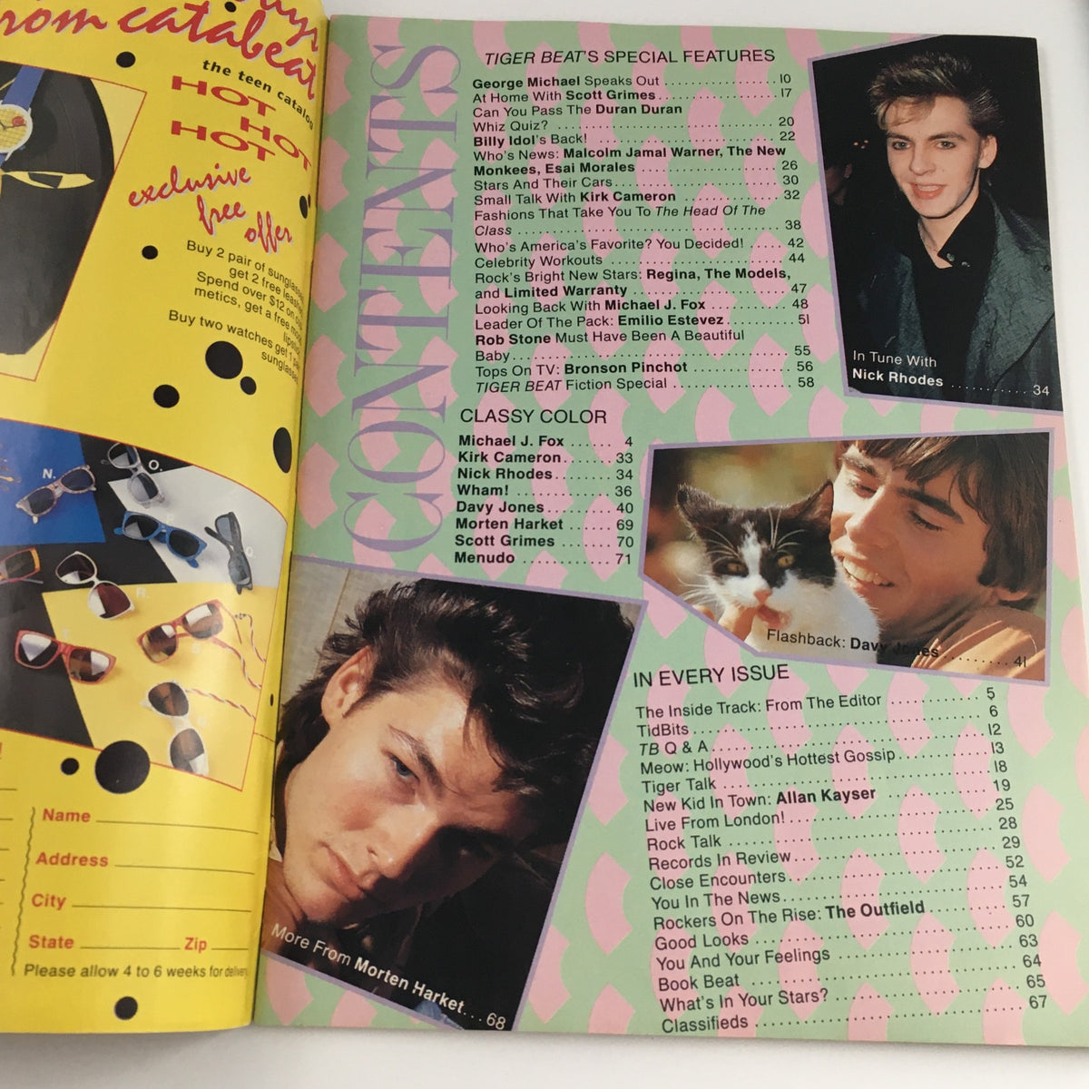 Table of contents from Tiger Beat Magazine December 1986, featuring sections about George Michael, Davy Jones, and other pop culture highlights.