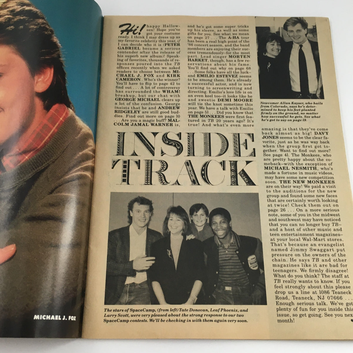 Inside page of Tiger Beat Magazine December 1986, showcasing Michael J. Fox and the Inside Track feature discussing popular stars.