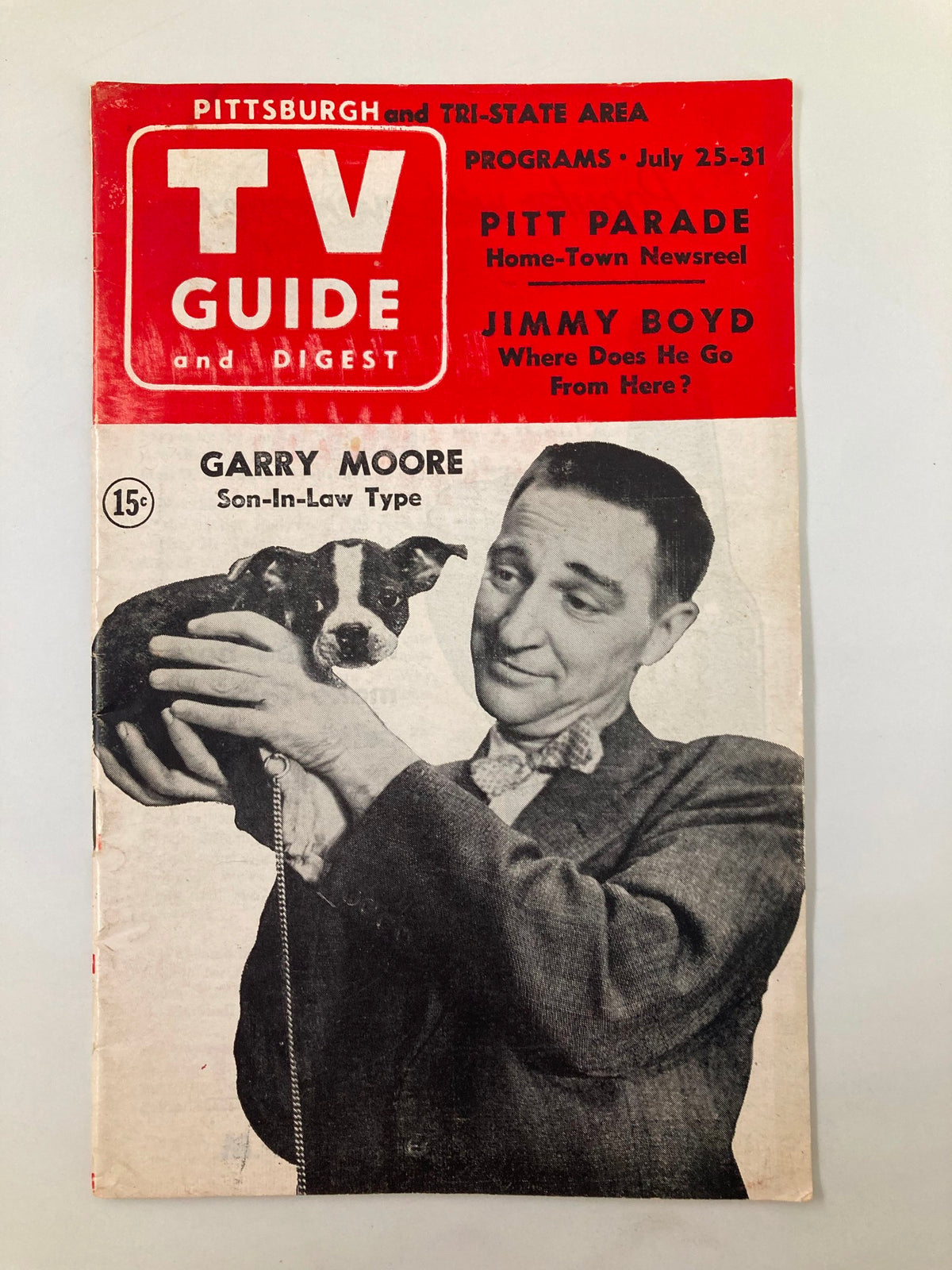 Cover of TV Digest Magazine dated July 25, 1953 featuring Jimmy Boyd, with the title 'TV GUIDE and DIGEST', showcasing Pittsburgh and Tri-State area television programs, including Garry Moore and Jimmy Boyd.