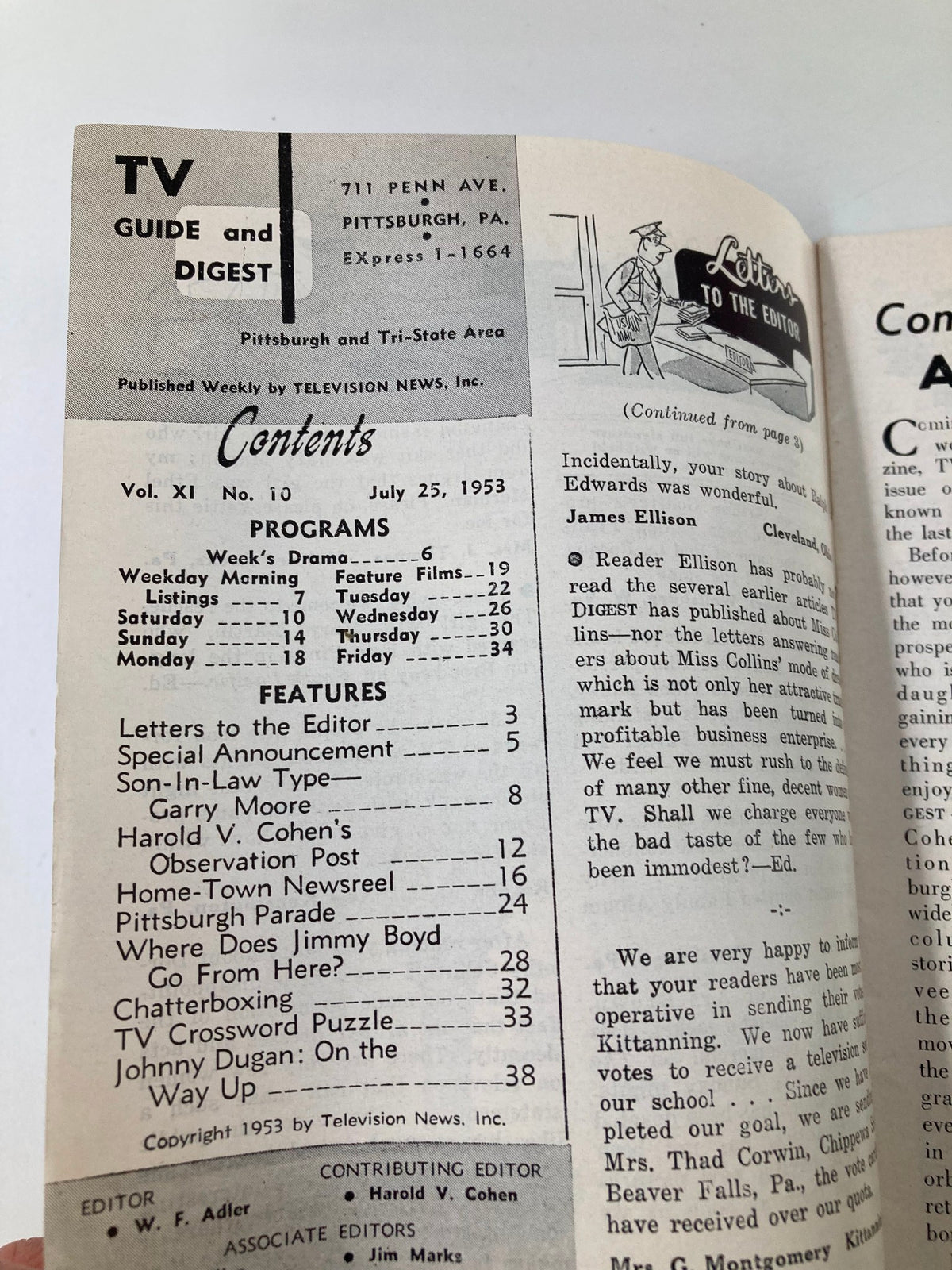 Contents page of TV Digest Magazine dated July 25, 1953, featuring the title and editorial information specific to the Pittsburgh/Tri-State area.