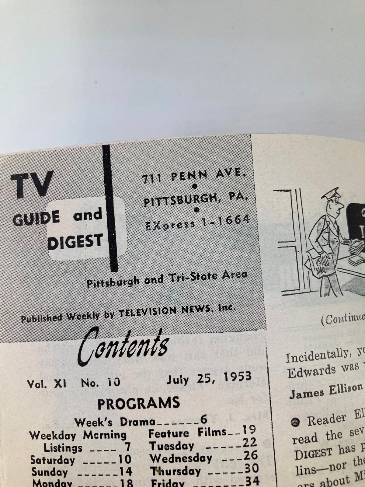 Close-up of the contents section of TV Digest Magazine, July 25, 1953, showing program listings and features for the Pittsburgh/Tri-State audience.