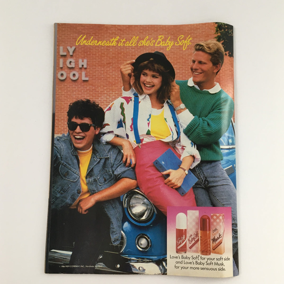 Tiger Beat Magazine December 1986 advertisement image, featuring a colorful retro fashion scene with a group of teenagers styled in 80s fashion.