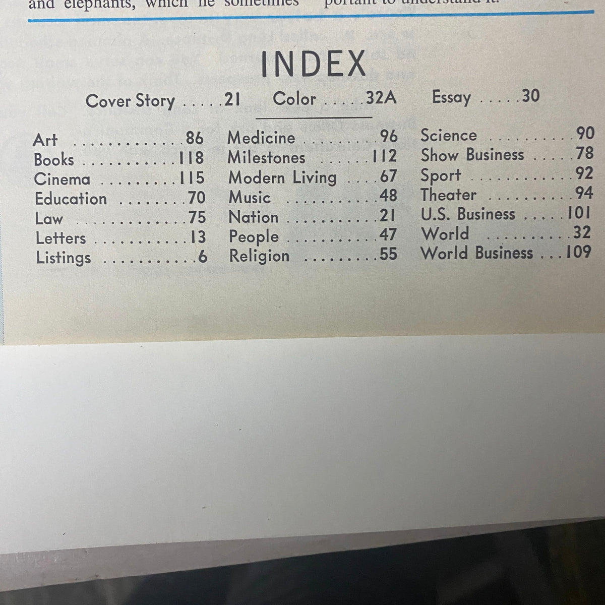 Index page from Time Magazine October 6, 1967, Vol 90 No. 14 'Under Fire at Con Thien', featuring article topics and page numbers including cover story, medicine, education, and milestones.