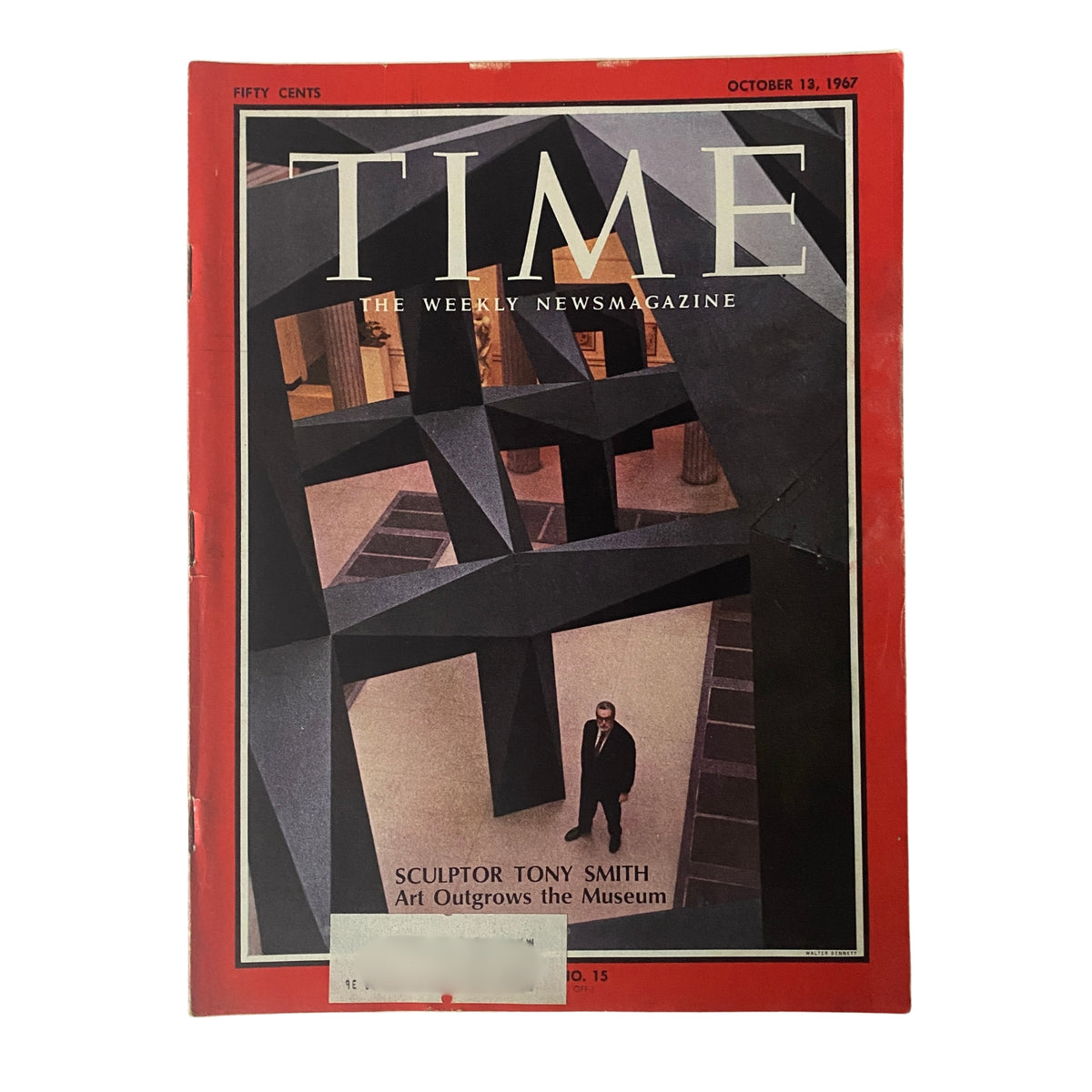 Cover of Time Magazine, October 13, 1967, featuring sculptor Tony Smith and the headline 'Art Outgrows the Museum'. The cover showcases geometric sculptures, emphasizing modern art.