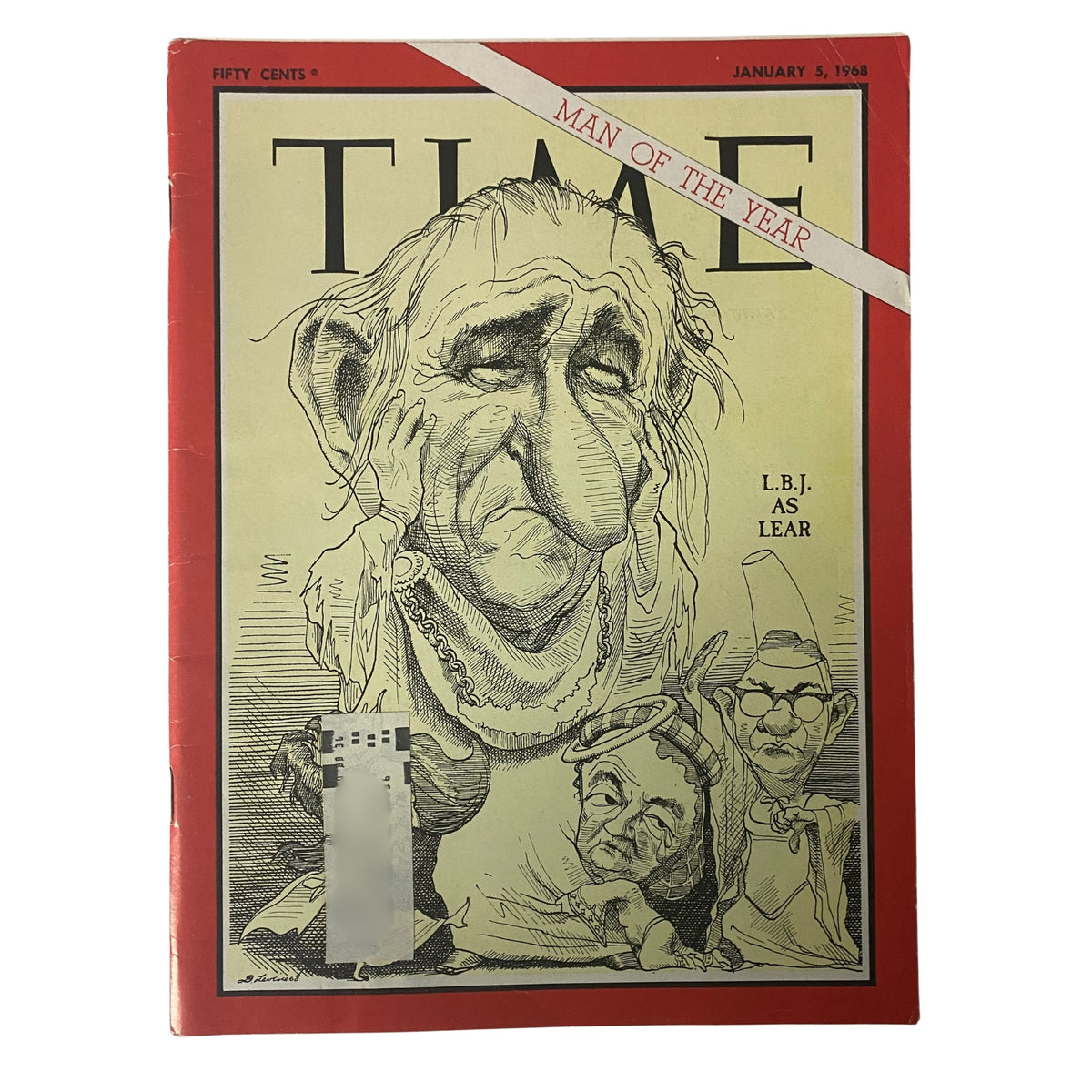 Cover of Time Magazine, January 5, 1968 featuring Lyndon B. Johnson illustrated as King Lear with the headline 'Man of the Year'.