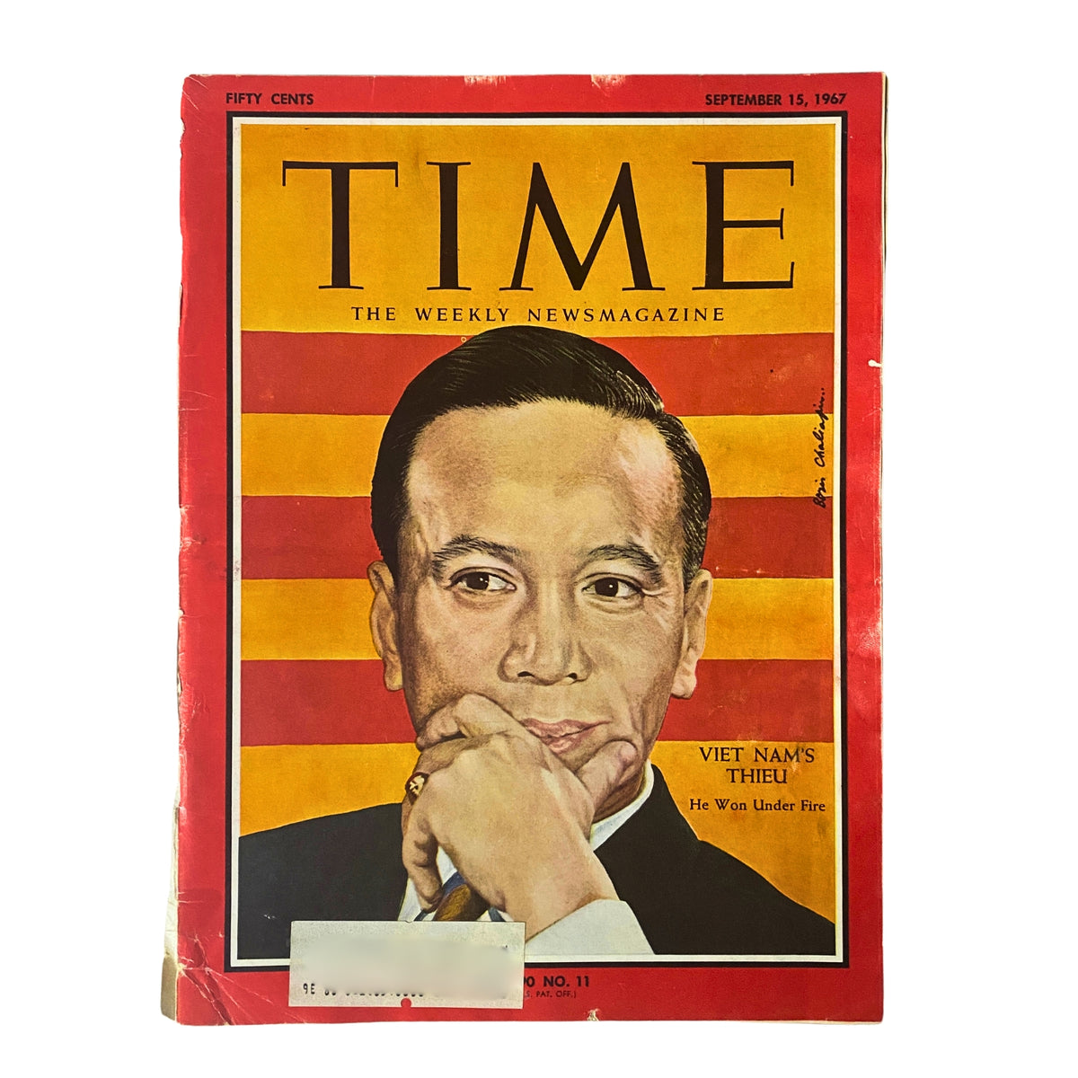 TIME Magazine cover from September 15, 1967, featuring President Nguyễn Văn Thiệu of South Vietnam with a thoughtful expression. The cover includes the text 'Viet Nam's Thiệu' and highlights his leadership during the ongoing Vietnam War, making it a historical collectible for enthusiasts.