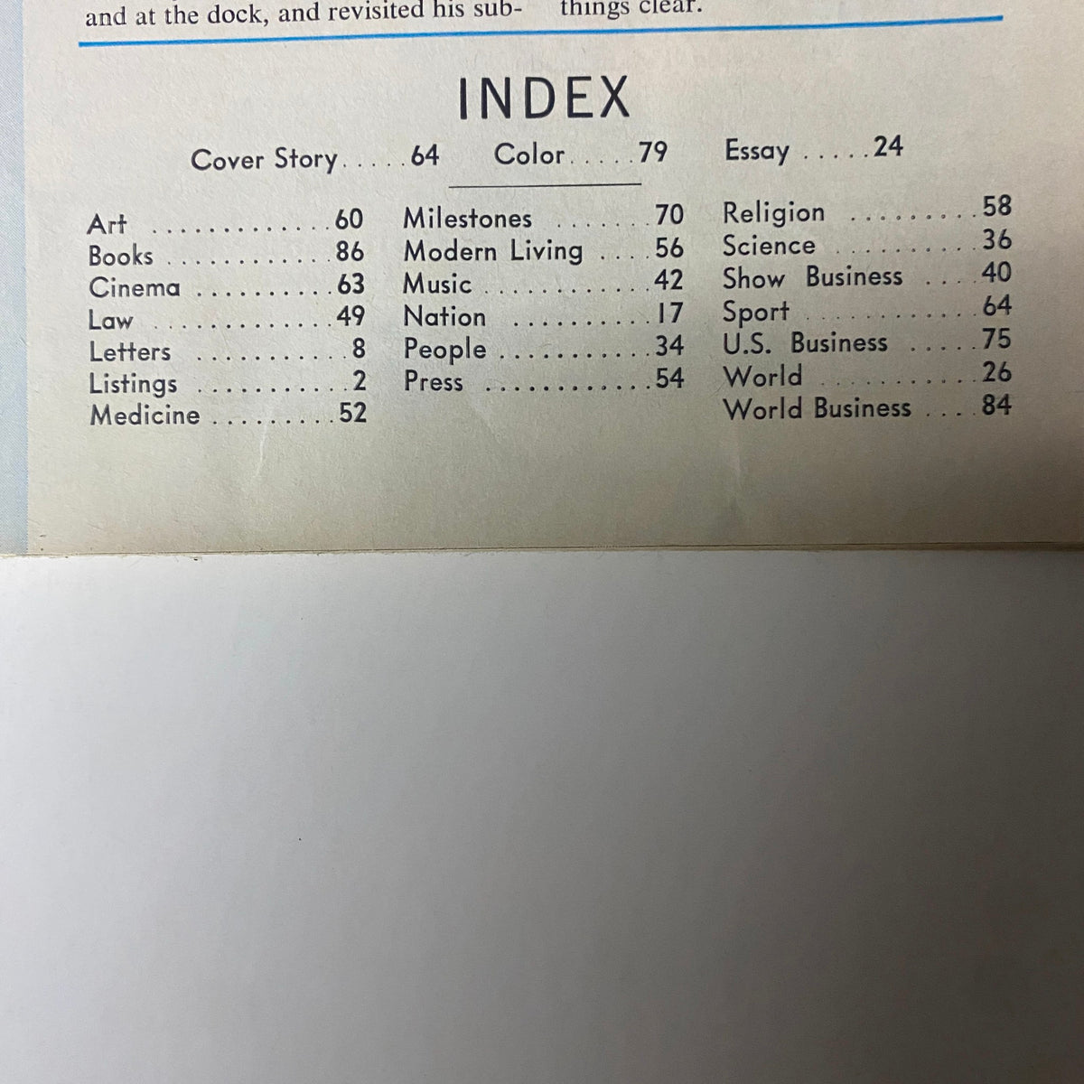 Index page from Time Magazine, August 18, 1967, detailing the contents including articles on politics, culture, and science.