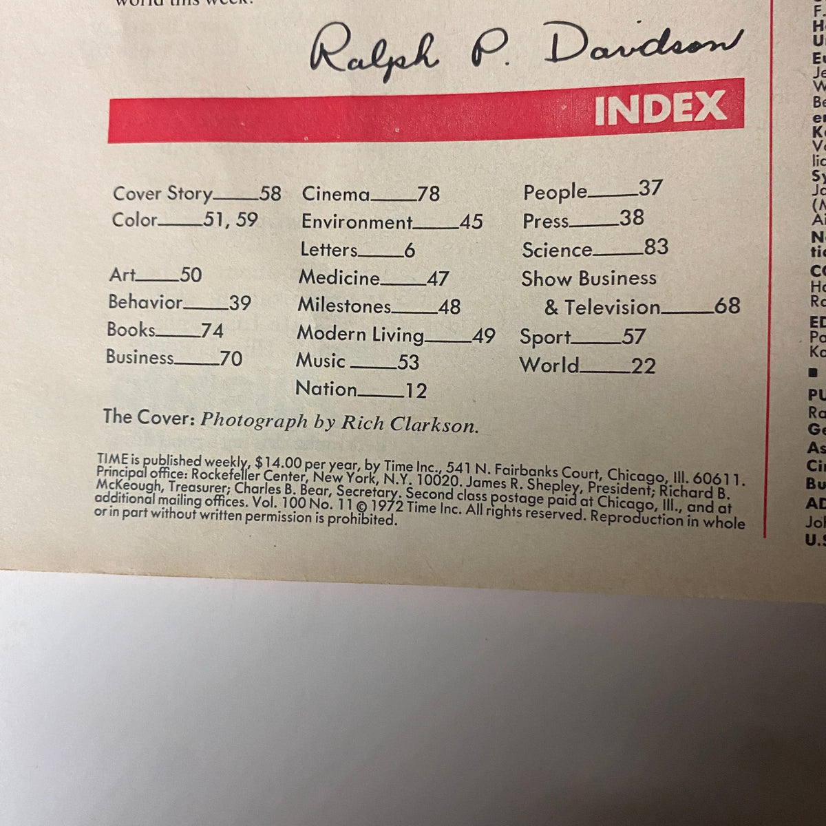 Index page from Time Magazine September 11, 1972 featuring various article highlights including Cover Story, Cinema, Environment, Medicine, and more, celebrating Mark Spitz, an Olympian wave of records.