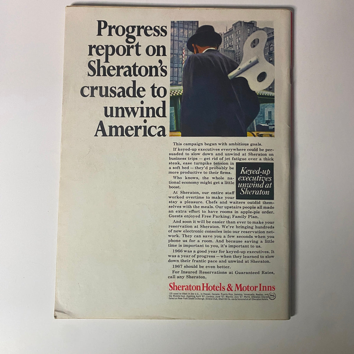 Back cover of Time Magazine January 27, 1967, featuring an advertisement for Sheraton Hotels, promoting relaxation and travel amidst the environmental discussions in 'The Polluted Air of Los Angeles' issue.