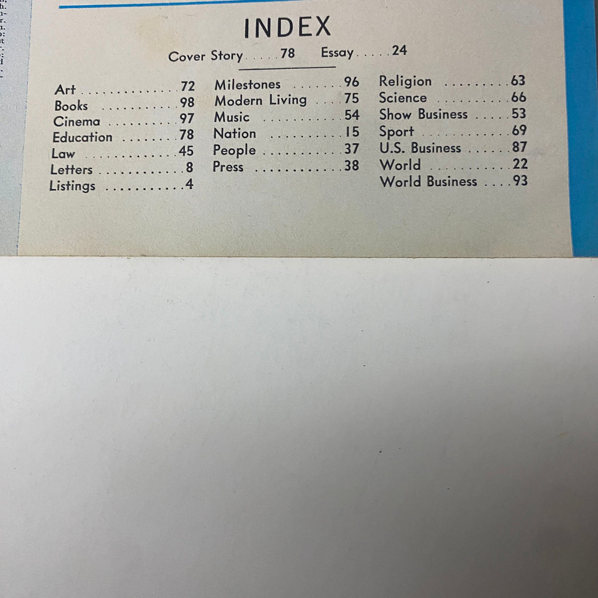 Index page from the June 23, 1967 issue of Time Magazine, listing notable sections including art, cinema, and education, which correlate with Yale President Kingman Brewster Jr.'s featured article.