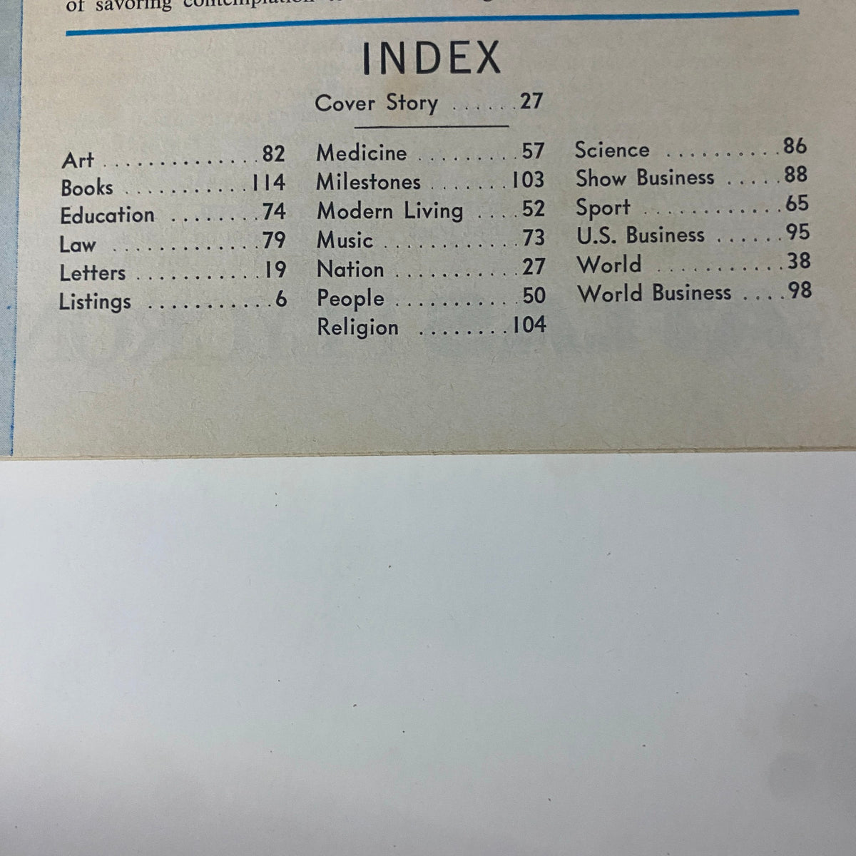 Index page from Time Magazine April 14, 1967 featuring sections on Art, Books, Education, and more, relevant to the issue's cover story 'Weighing in for 1968'.