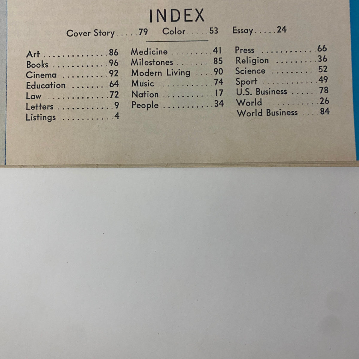 Table of Contents from Time Magazine March 31, 1967 issue showcasing various articles and subjects including art, medicine, and science.