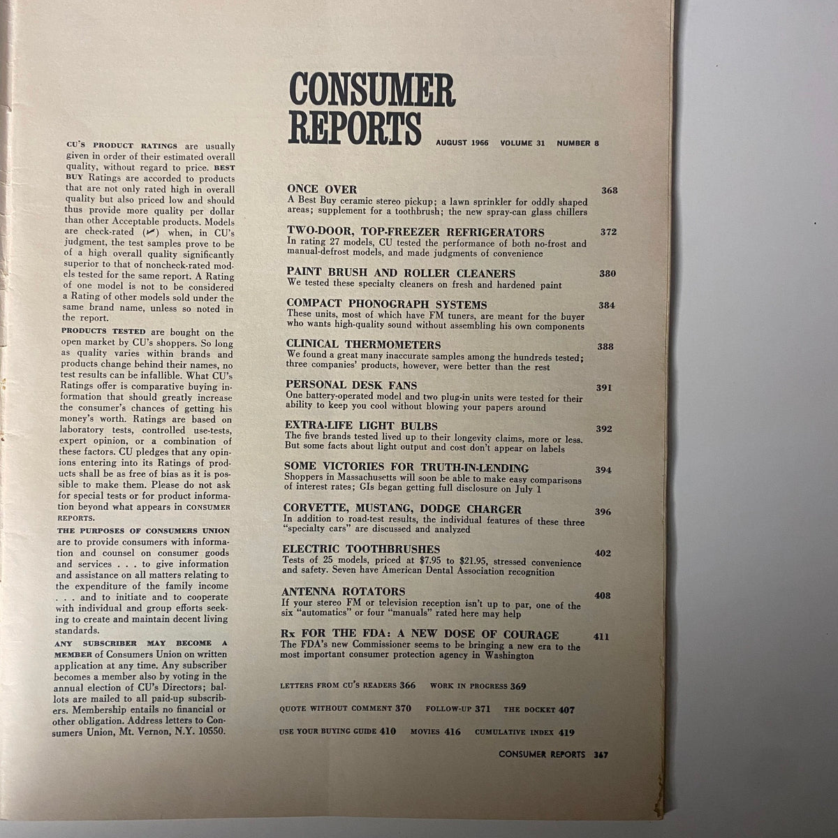 Table of contents from Consumer Reports Magazine August 1966, featuring articles on refrigerators, compact phonograph systems, clinical thermometers, and consumer rights.