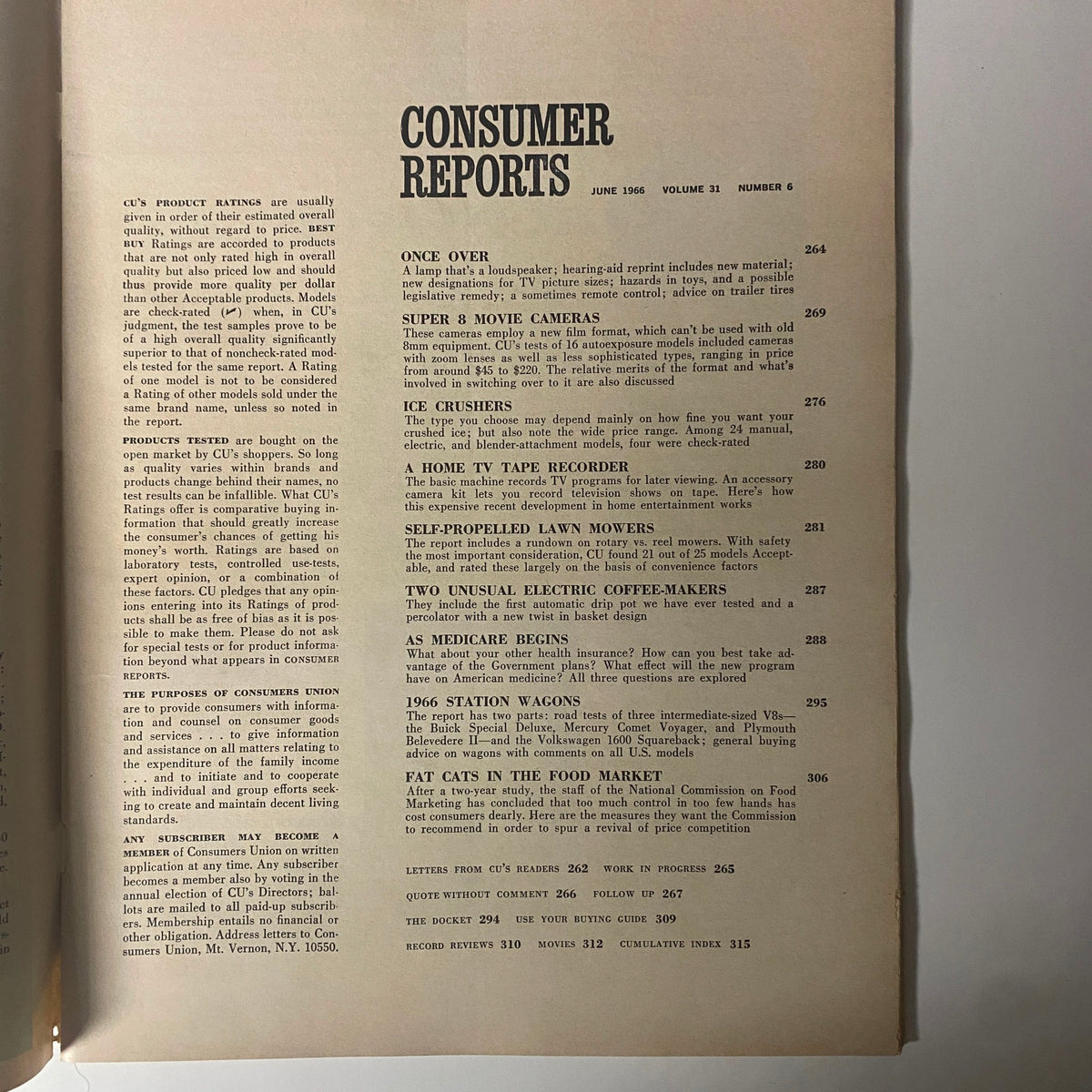 Table of contents from Consumer Reports Magazine June 1966, detailing sections on super 8 movie cameras, ice crushers, self-propelled lawn mowers, and more.