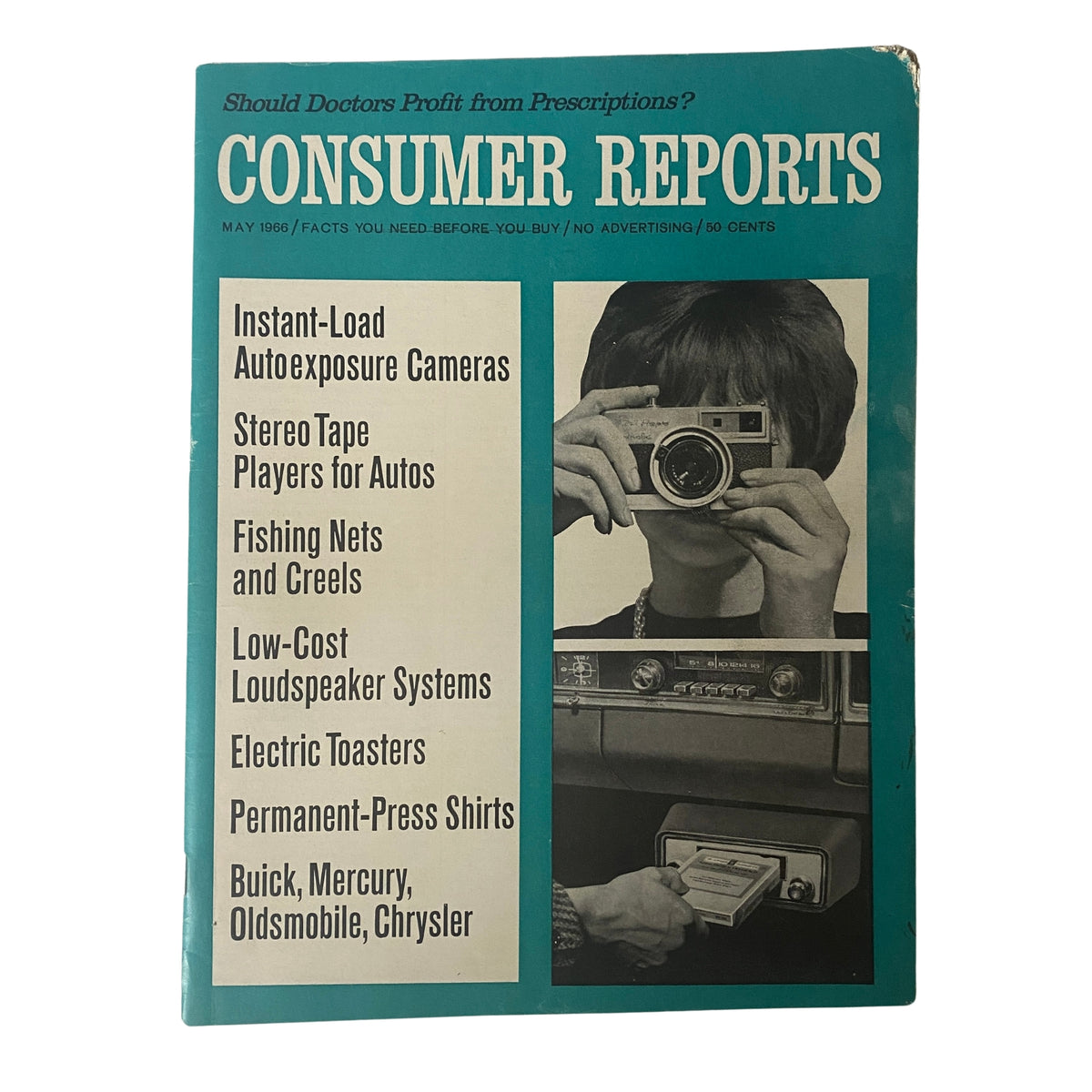 Cover of the May 1966 issue of Consumer Reports Magazine featuring Instant-Load Autoexposure Cameras. The cover includes references to stereo tape players, fishing nets, loudspeaker systems, electric toasters, and permanent-press shirts, highlighting consumer product evaluations and technological advancements.