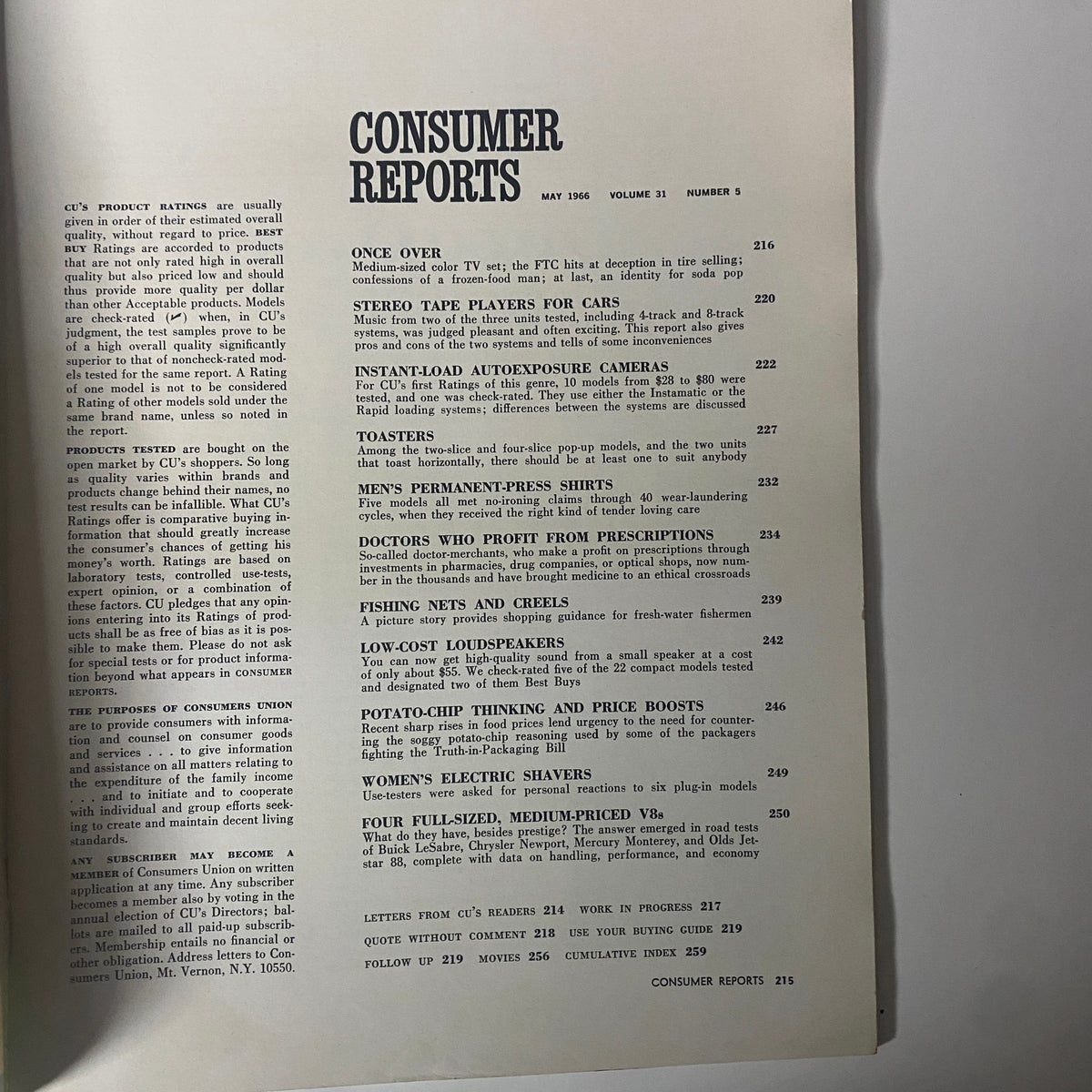 Interior page of Consumer Reports Magazine May 1966 featuring articles and ratings including instant-load autoexposure cameras.