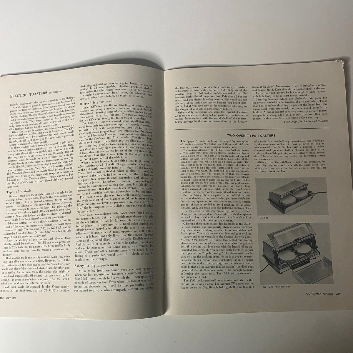 Two-page spread in Consumer Reports Magazine May 1966 discussing electric toasters with detailed product evaluations.