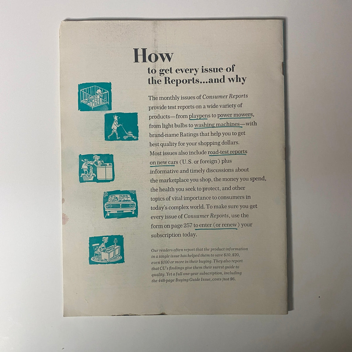 Back cover of Consumer Reports Magazine May 1966 outlining subscription details and product testing reports.