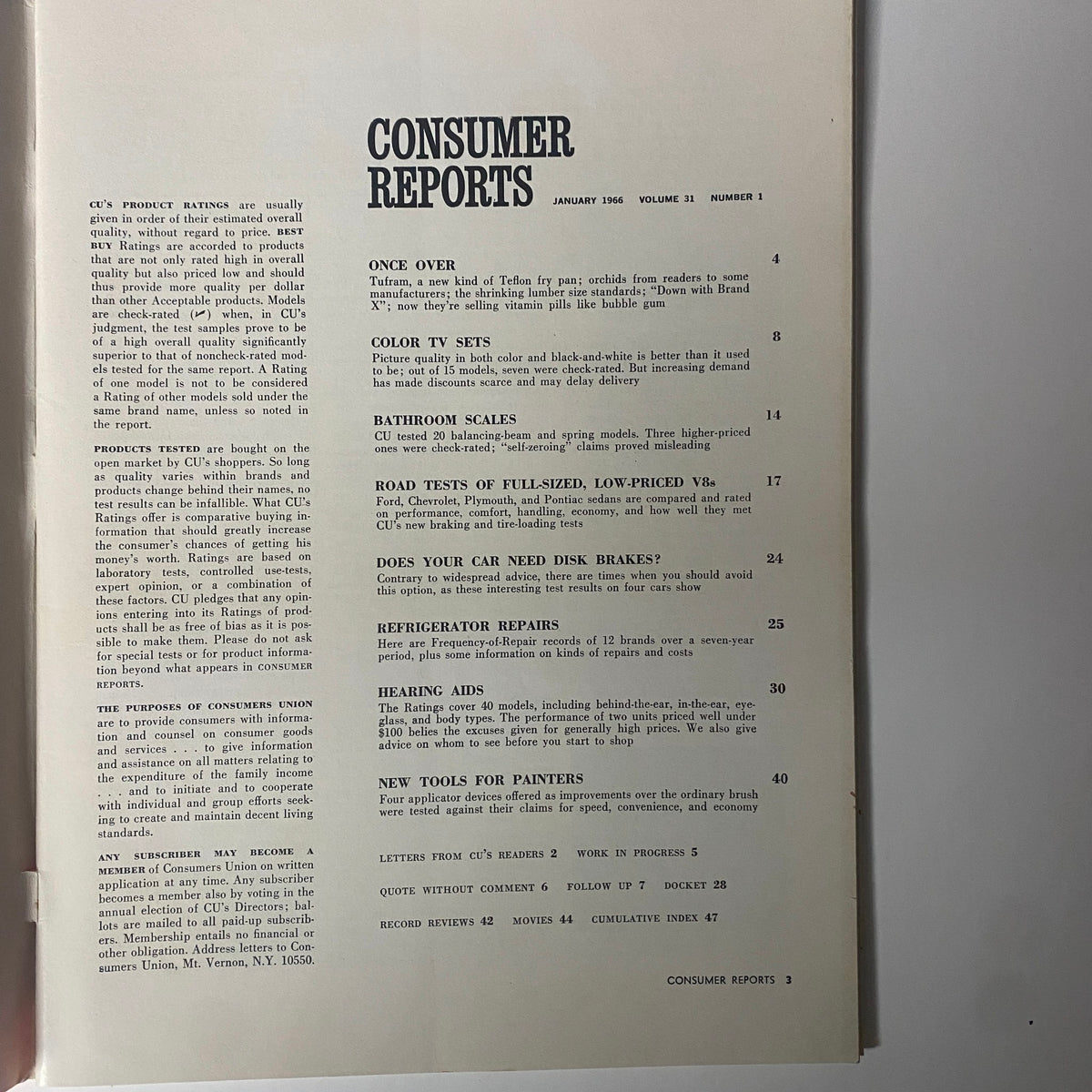 Interior page of Consumer Reports Magazine January 1966, featuring product ratings and articles on various consumer items including color TV sets and bathroom scales.