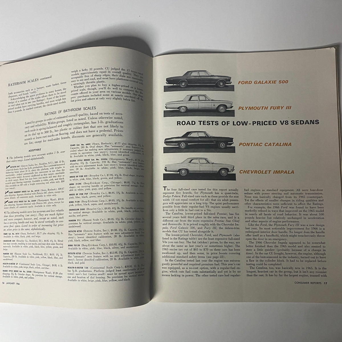 Page from Consumer Reports Magazine January 1966 showcasing road tests of low-priced V8 sedans including Ford Galaxie 500, Plymouth Fury III, and Chevrolet Impala.