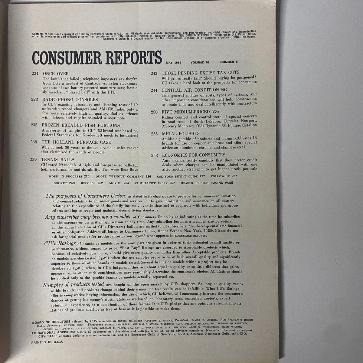 Table of contents for Consumer Reports Magazine May 1965, listing articles on radio-phono consoles, frozen breaded fish portions, tennis balls, and consumer economics.