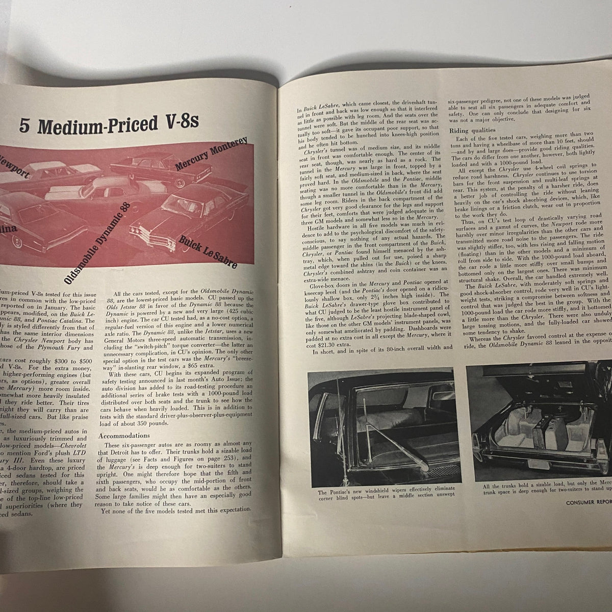 Interior pages of Consumer Reports Magazine May 1965 showcasing a review of 5 medium-priced V8 cars, including models like Mercury Monterey and Buick LeSabre, discussing their performance and features.