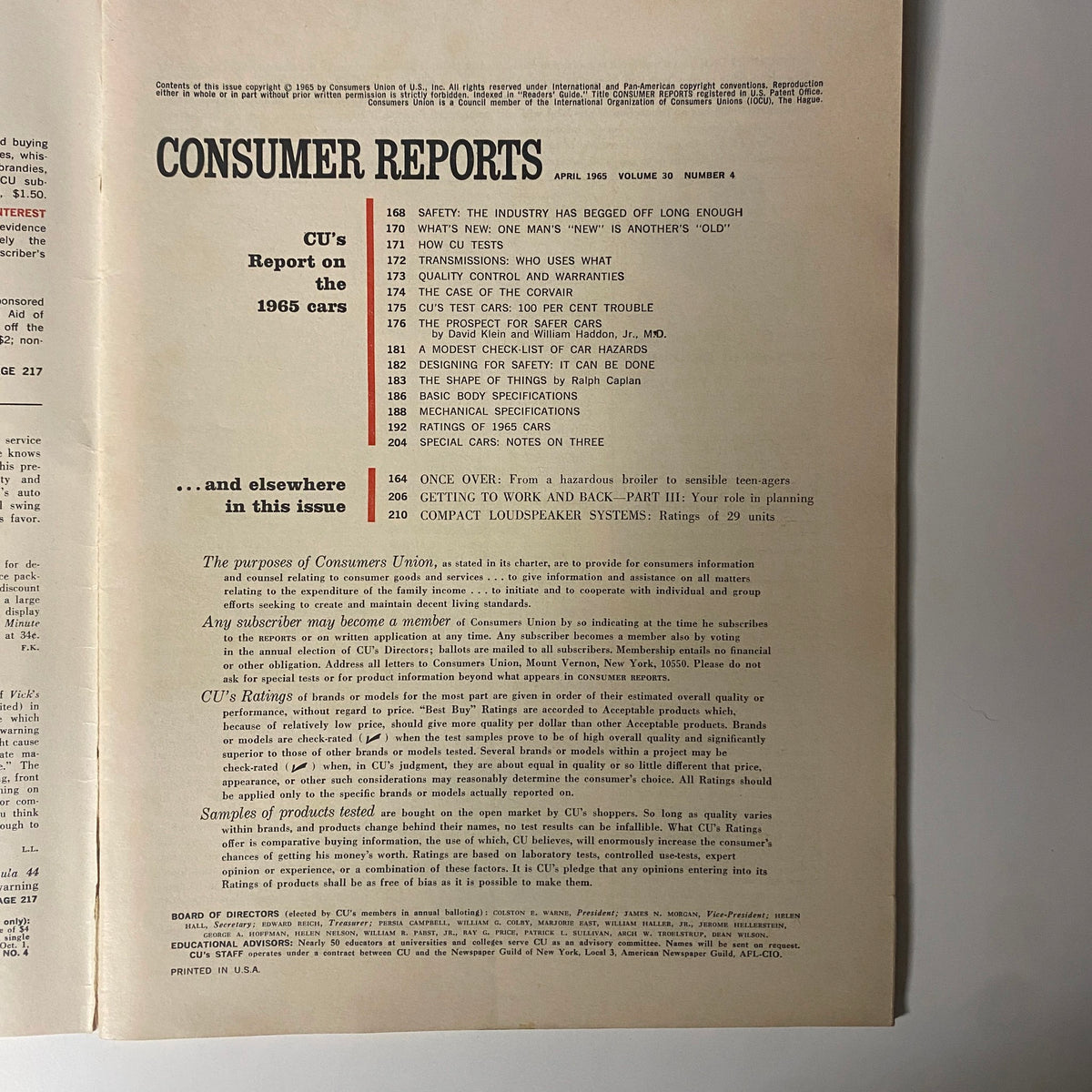 Table of contents from Consumer Reports Magazine April 1965 detailing articles on 1965 cars and safety evaluations.