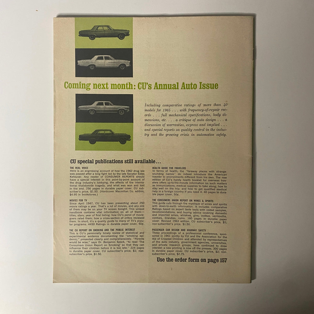 Back cover of Consumer Reports Magazine March 1965, announcing the upcoming Annual Auto Issue and available special publications.