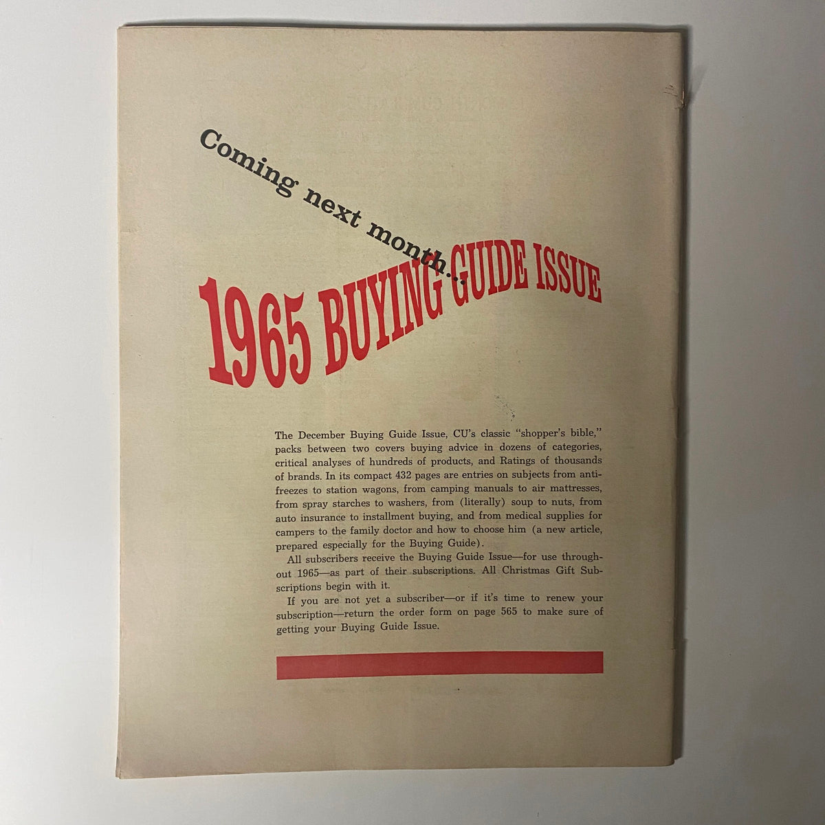Back cover of Consumer Reports Magazine November 1964 Christmas Buying Issue showcasing preview for 1965 Buying Guide Issue with promotional text and subscription details.