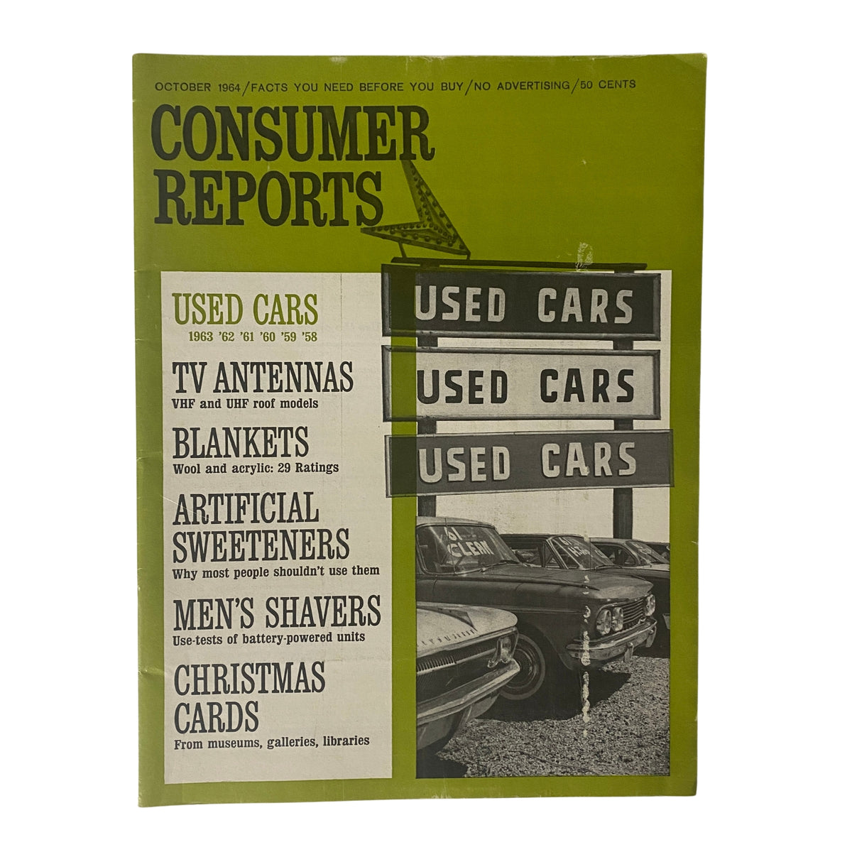 Cover of October 1964 Consumer Reports magazine featuring a focus on used cars from 1958-1963, including sections on TV antennas, blankets, and artificial sweeteners.