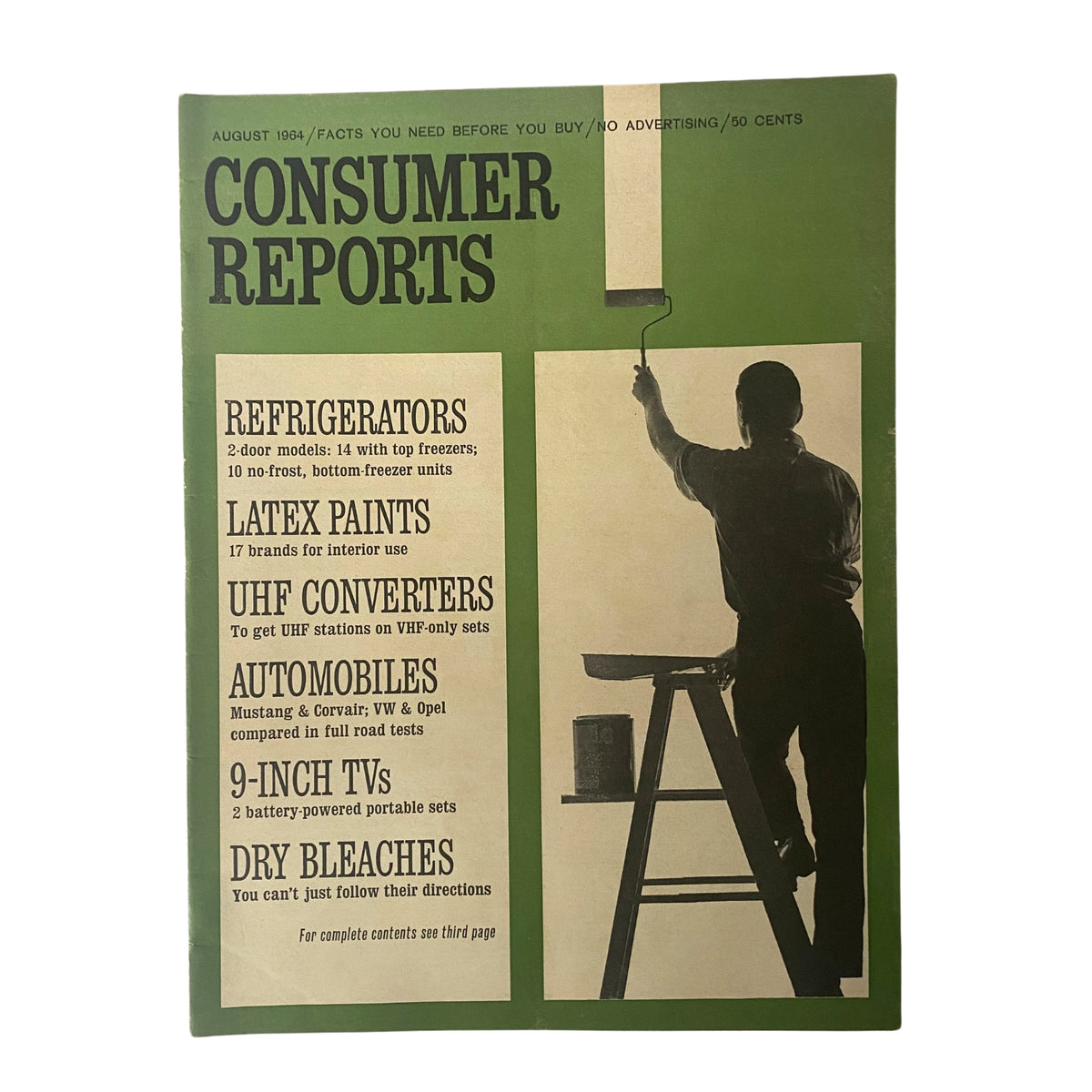 Consumer Reports Magazine August 1964 cover featuring a painter, highlighting reviews on refrigerators and latex paints.